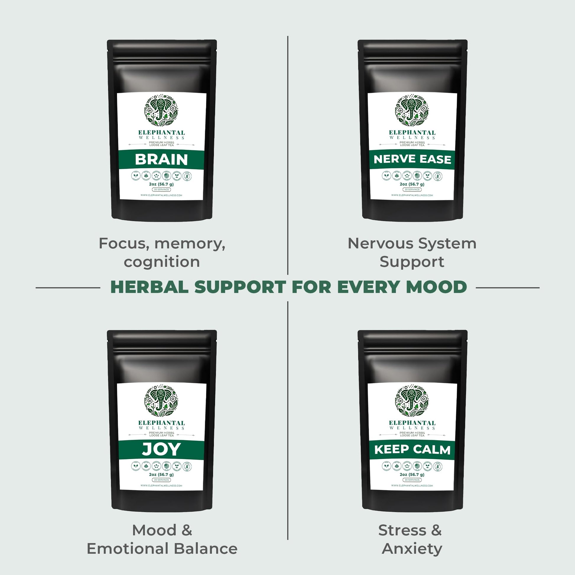 Elephantal Wellness Premium Brain Herbal Tea | Nootropic Focus & Mental Clarity with Ginkgo, Bacopa, Gotu Kola & Rosemary | Non-GMO, Caffeine-Free Coffee Alternative, Handmade Loose Leaf Blend, 2oz Loose Leaf, 20 Servings Elephantal Wellness uk supplements
