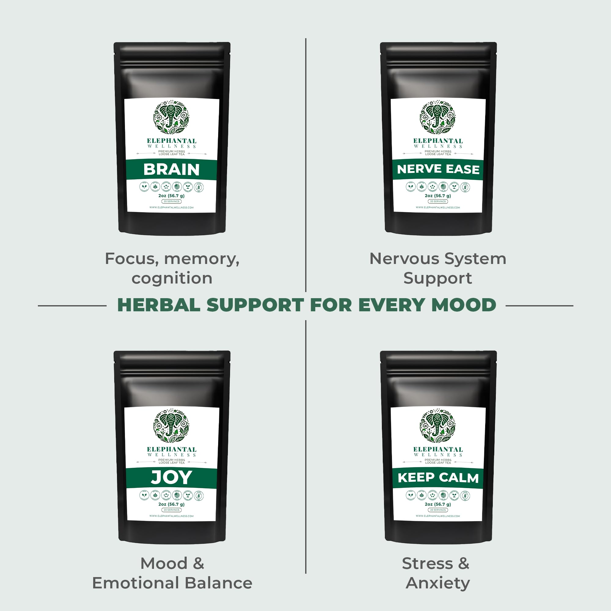 Elephantal Wellness Premium Brain Herbal Tea | Nootropic Focus & Mental Clarity with Ginkgo, Bacopa, Gotu Kola & Rosemary | Non-GMO, Caffeine-Free Coffee Alternative, Handmade Loose Leaf Blend, 2oz Loose Leaf, 20 Servings Elephantal Wellness uk supplements