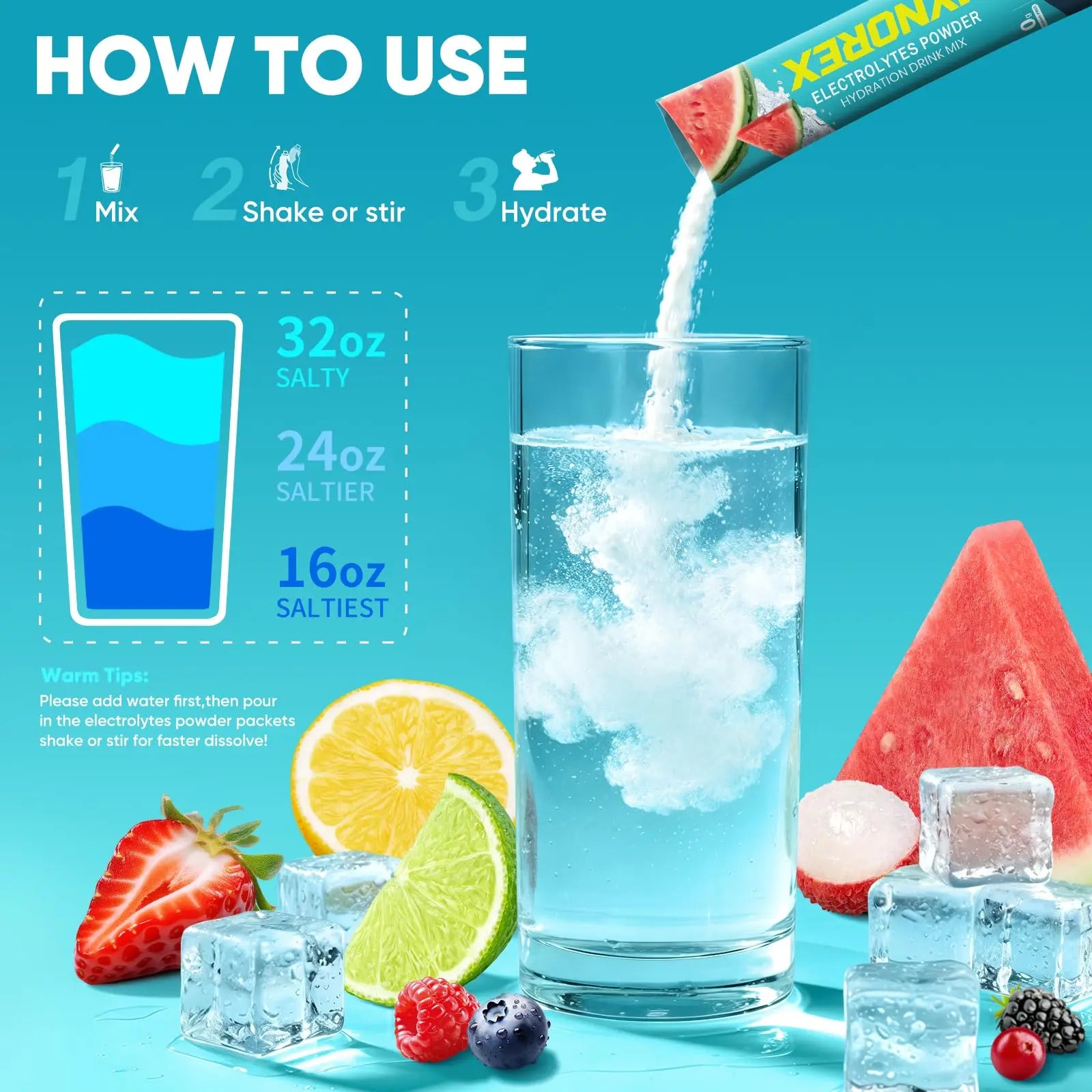 JYNOREX Electrolytes Powder Packets Sugar Free, 30 Sticks High Sodium Hydration Packets, Electrolyte Drink Mix with Lemon Lime Watermelon Peach Berry Kiwi JYNOREX uk supplements