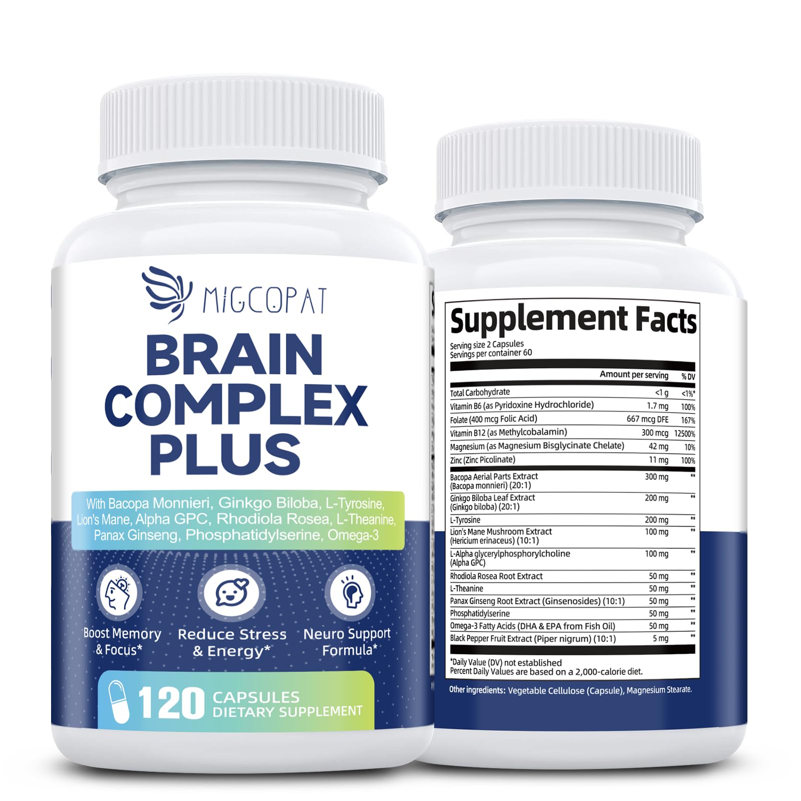 Brain Supplements for Memory and Focus | Nootropic with Bacopa Monnieri, Lion's Mane, Alpha GPC, Ginkgo Biloba | Mental Clarity & Cognitive Support | Vitamin B6 & B12 Neuro Health - Non-GMO, 120 Caps Migcopat uk supplements