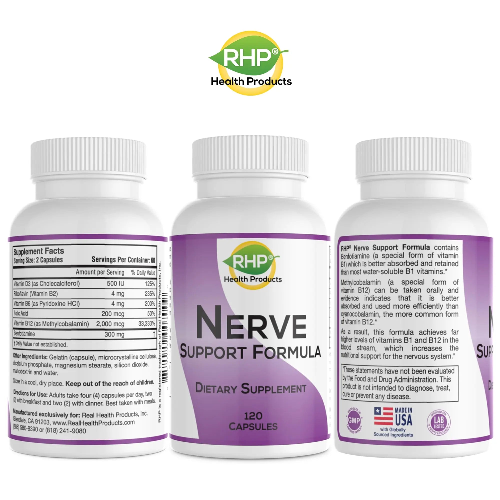 RHP Nerve Support Formula. Nutritional Support of Neuropathy, Nerve Relief from Aches, Nerve Pain & Discomfort. B-Complex with Benfotiamine and Methyl B12. 120 Capsules RHP uk supplements