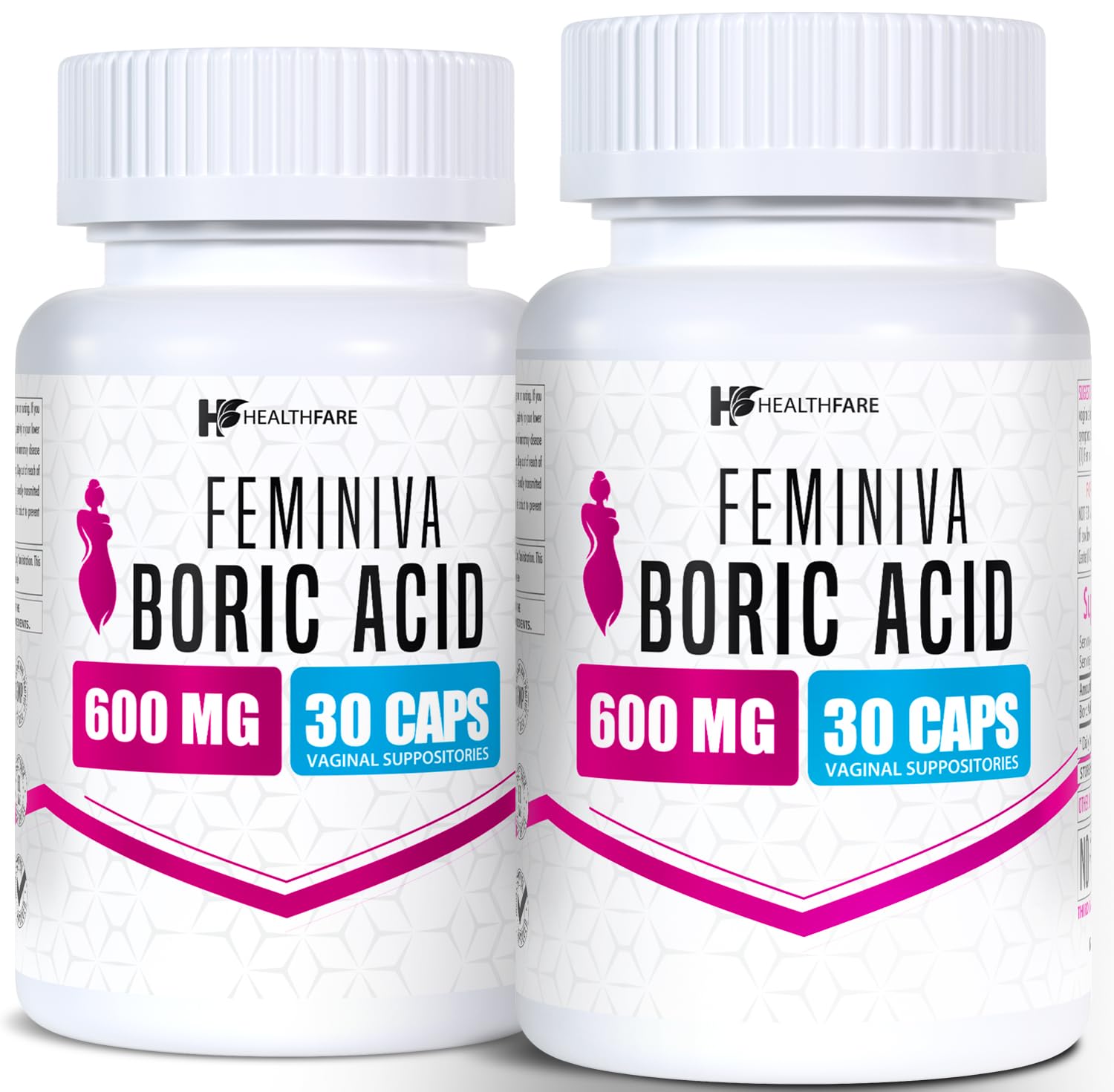 Healthfare Feminiva Boric Acid Suppositories | 2-Pack | 30 Vaginal Suppositories Each | 600mg | 100% Pure | Made in The USA Healthfare uk supplements