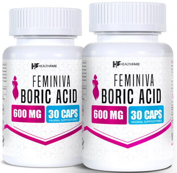 Healthfare Feminiva Boric Acid Suppositories | 2-Pack | 30 Vaginal Suppositories Each | 600mg | 100% Pure | Made in The USA Healthfare uk supplements