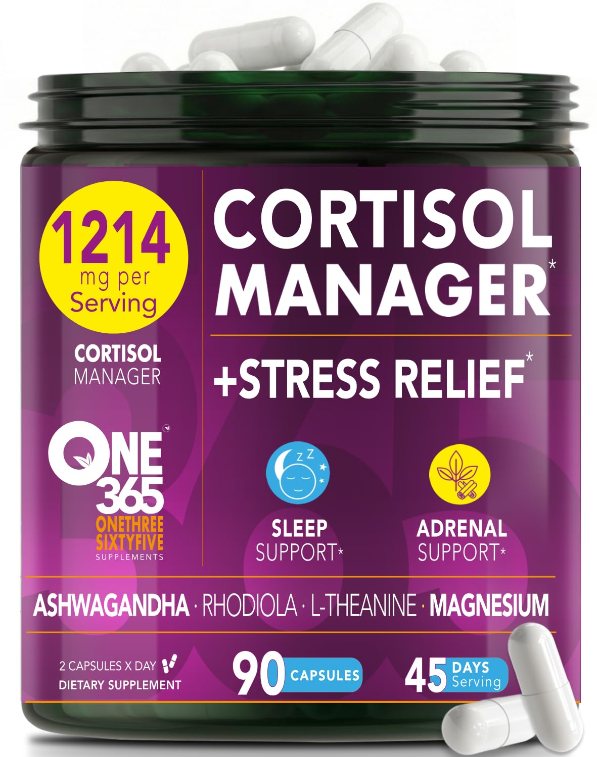 Cortisol Manager – Adrenal Support Supplement for Women & Men – Natural Stress Relief, Calm & Sleep Support – Cortisol Reducer with Ashwagandha, Magnesium, L-Theanine & Rhodiola – 90 Vegan Capsules ONE 365 uk supplements
