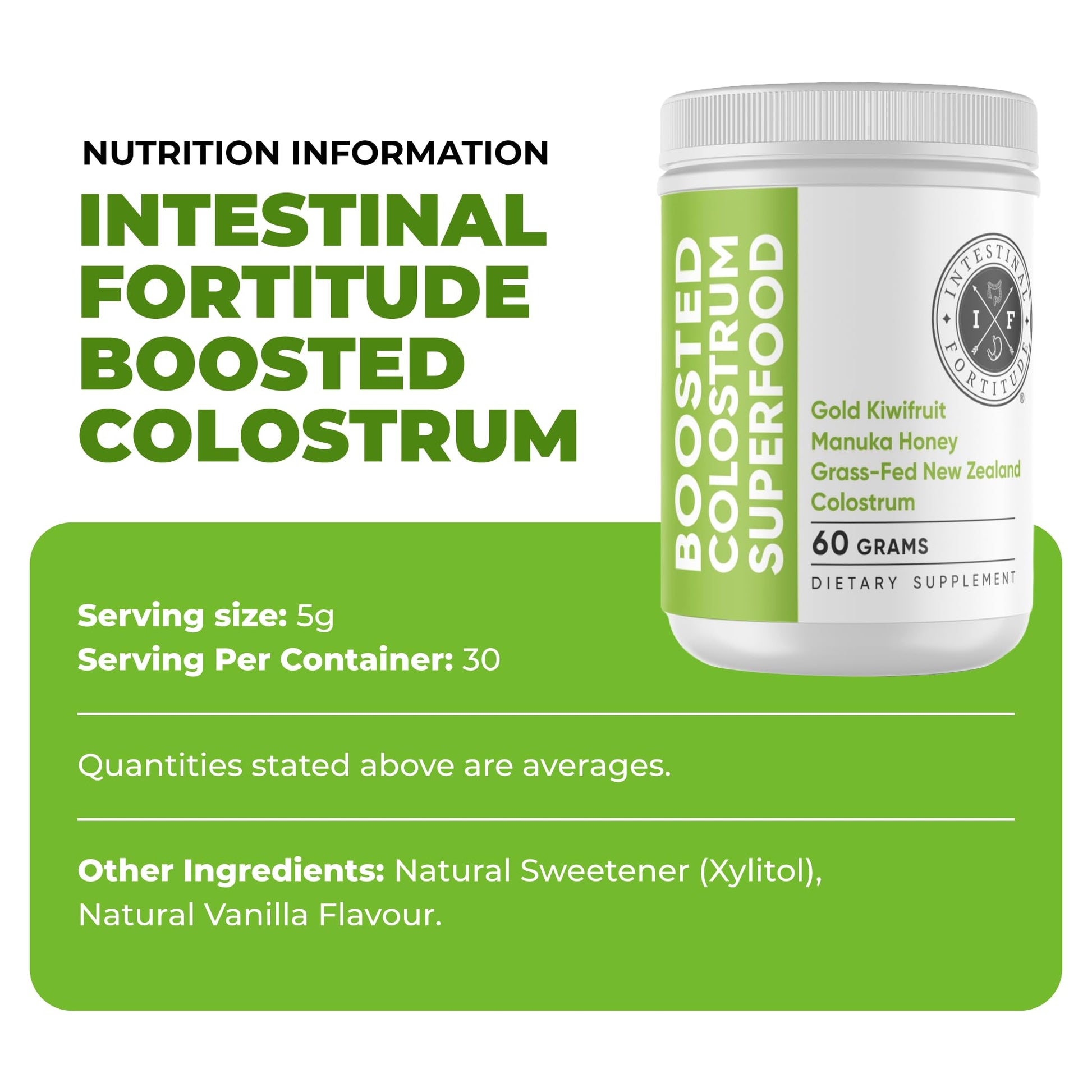 Intestinal Fortitude Boosted Colostrum Superfood Dietary Supplement: Grass-Fed New Zealand Bovine Colostrum, Gold Kiwifruit, Manuka Honey, for Digestion, Immune System, and Gut Health (60 Grams) Intestinal Fortitude uk supplements