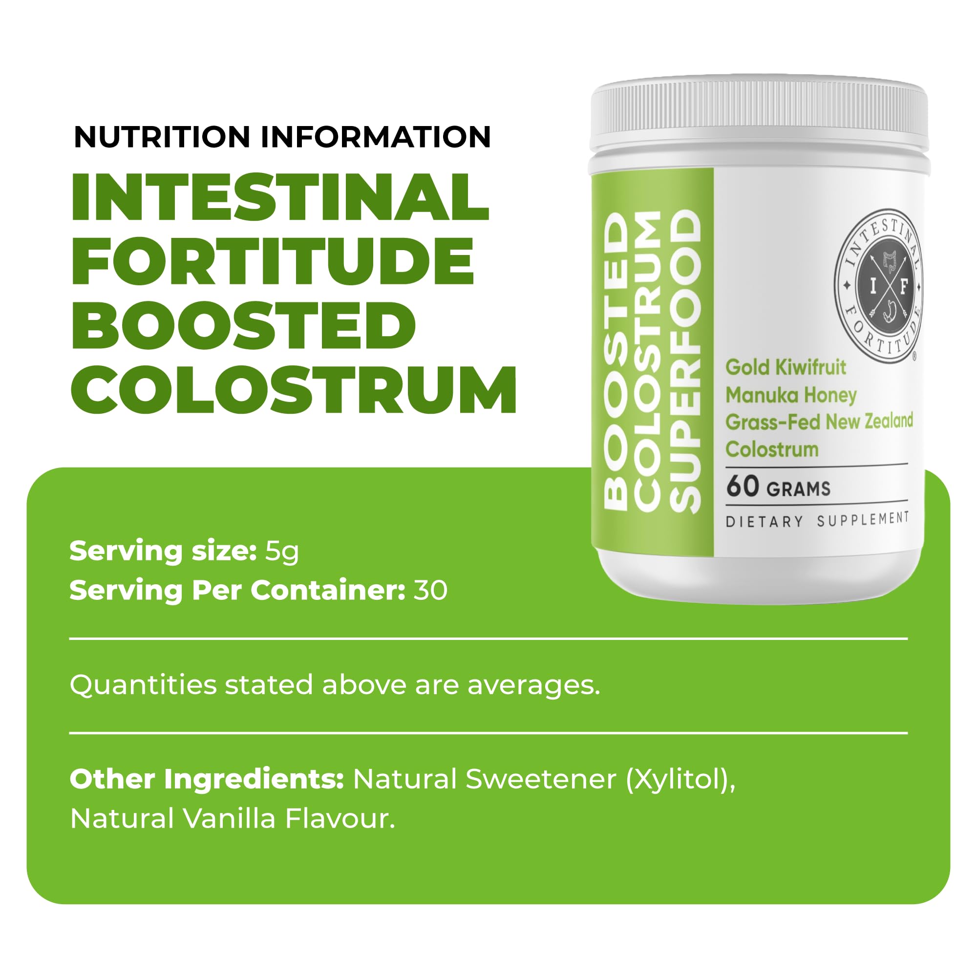 Intestinal Fortitude Boosted Colostrum Superfood Dietary Supplement: Grass-Fed New Zealand Bovine Colostrum, Gold Kiwifruit, Manuka Honey, for Digestion, Immune System, and Gut Health (60 Grams) Intestinal Fortitude uk supplements