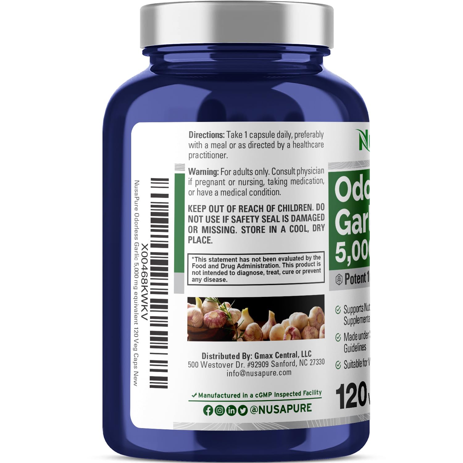 NusaPure Odorless Garlic 100:1 Extract, 50 mg Equivalent to 5000mg Capsule | 120 Veggie Caps | High Potency | Herbal Supplement | Non-GMO | Vegan NusaPure uk supplements