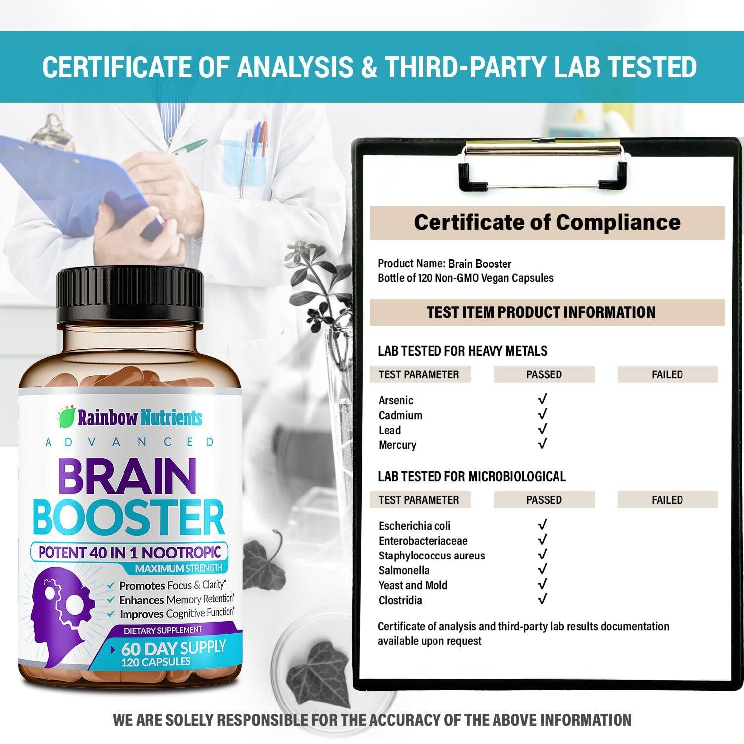 40-in-1 Brain Booster Supplements for Memory, Focus, Clarity, Energy, Performance | Natural Nootropic Brain Support Supplement with DMAE, Bacopa Monnieri & More | For Men & Women | 120 V Capsules Rainbow Nutrients, LLC uk supplements