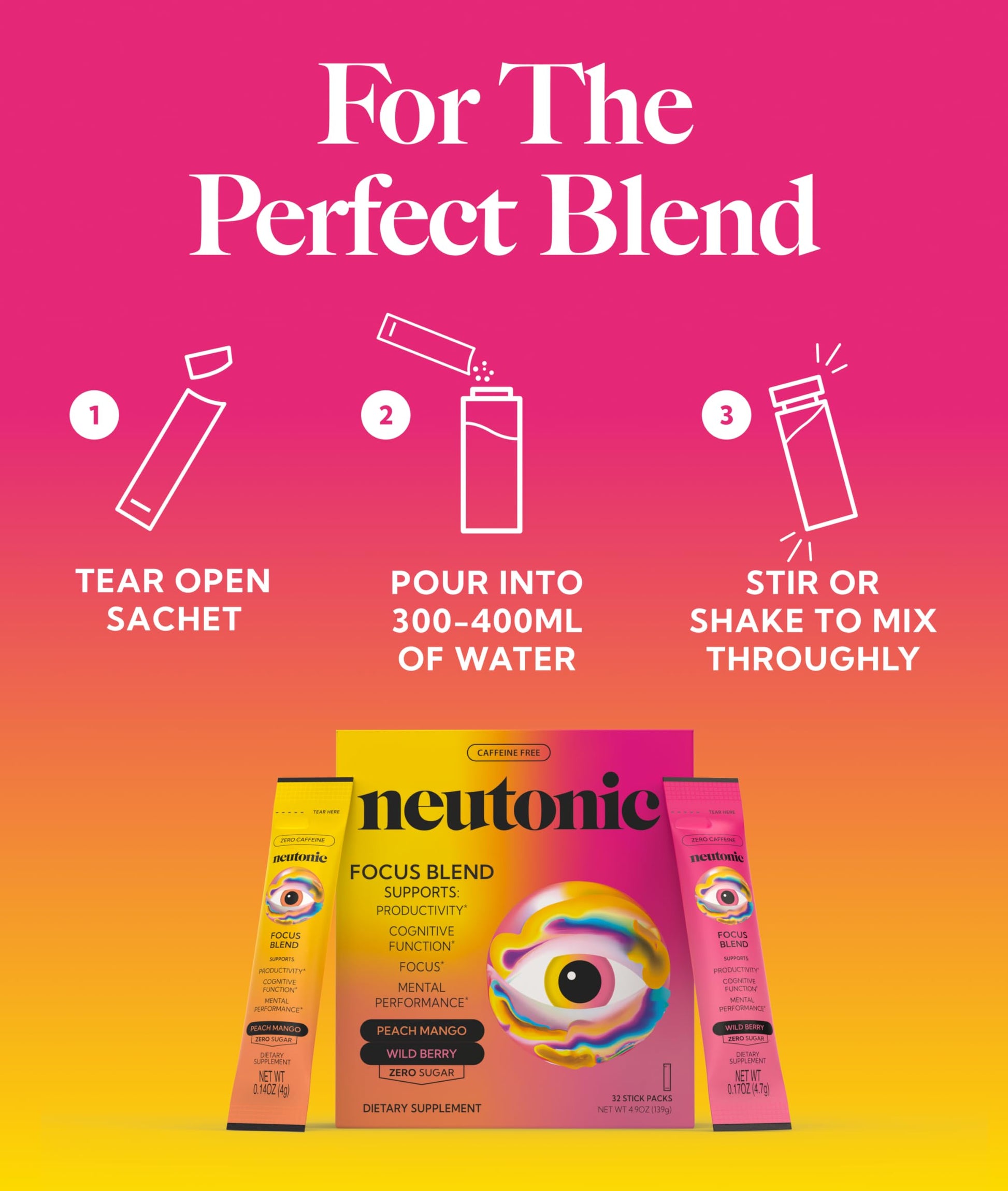 Neutonic Nootropic Focus Blend Powder | Peach Mango & Wild Berry 32 Sticks | Caffeine Free, Zero Sugar | Support Memory, Mental Clarity, Cognitive Function | Boost Focus, Energy, Brain Health Neutonic uk supplements