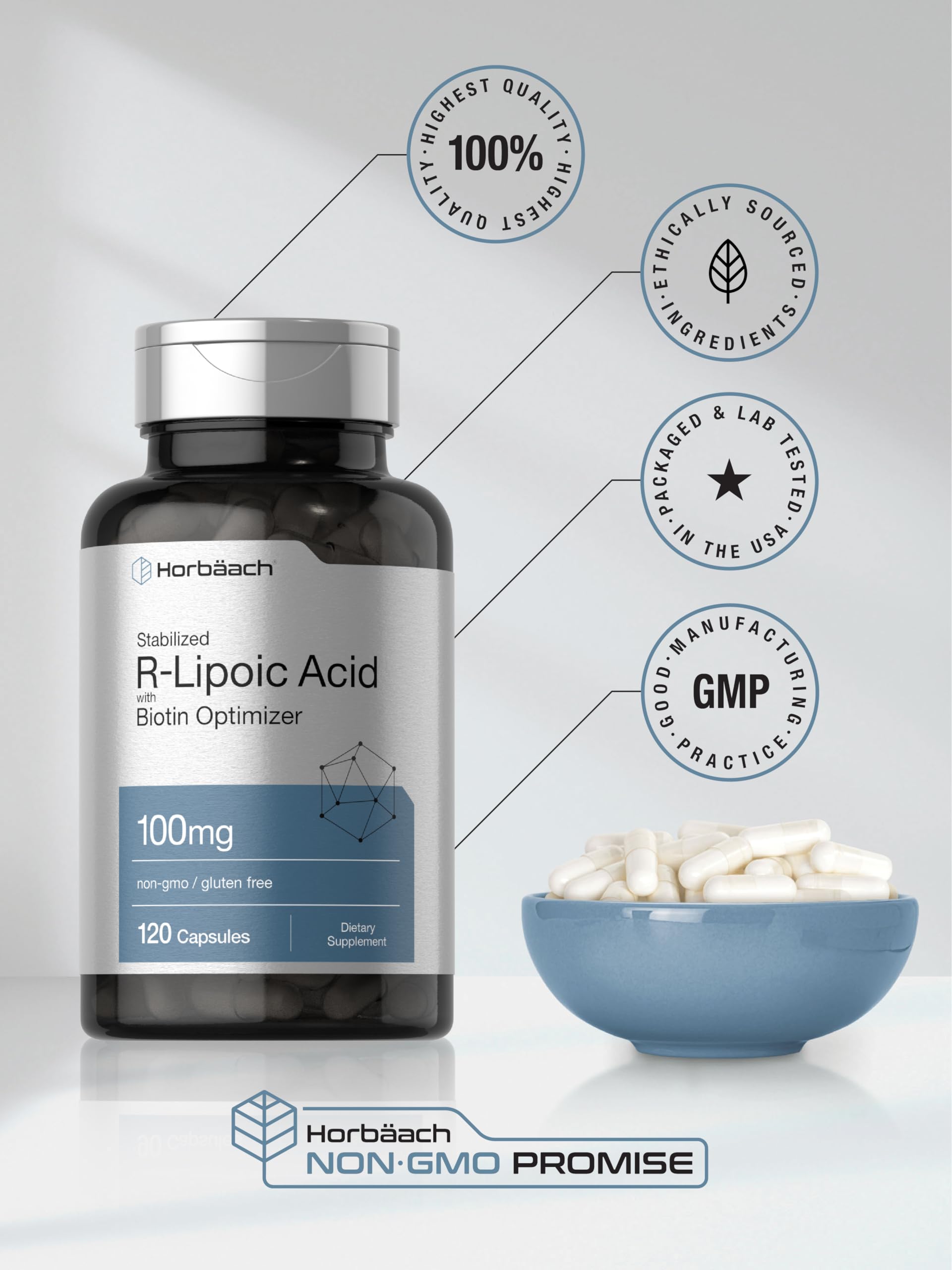 R-Lipoic Acid 100 mg | 120 Capsules | with Biotin Optimizer | Non-GMO, Gluten Free Horbäach uk supplements