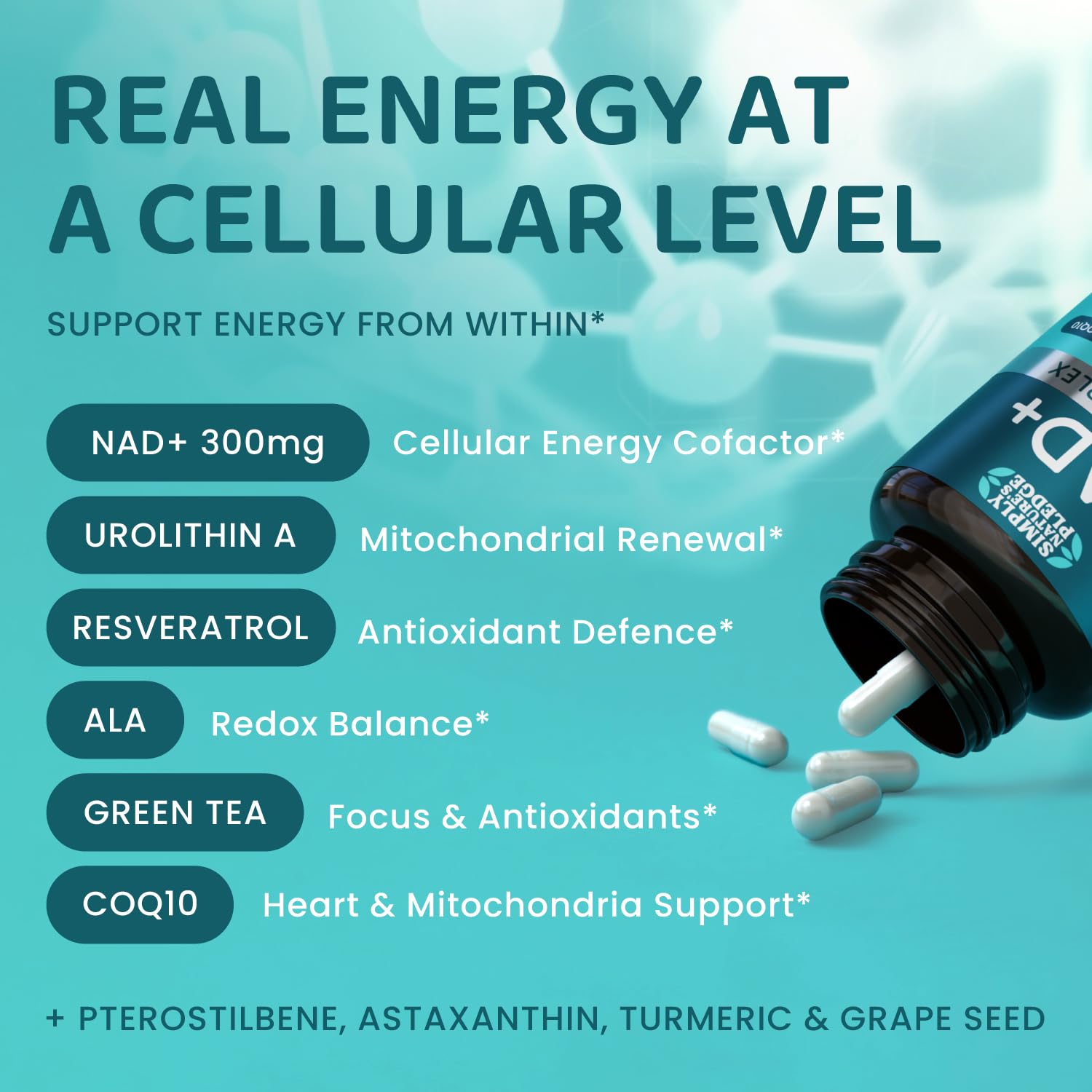 NAD+ Elite Complex – Direct NAD+ 300 mg with Urolithin A, Resveratrol, CoQ10 & Antioxidant Blend – Cellular Energy, Mitochondrial Support & Healthy Aging – Vegan, Non-GMO, 60 Capsules (30 Servings) Simply Nature's Pledge uk supplements