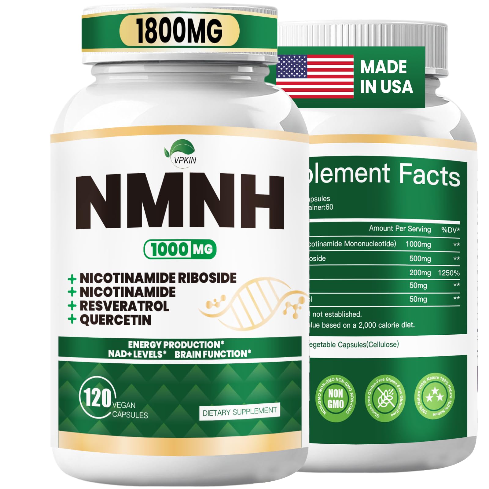 NMNH(Dihydronicotinamide Mononucleotide),NMNH Supplement 1000mg Pure Nicotinamide Mononucleotide,NAD High Purity Supplement Alternative,for Energy,Focus,Non-GMO, Gluten Free,120 Capsules VPKIN uk supplements