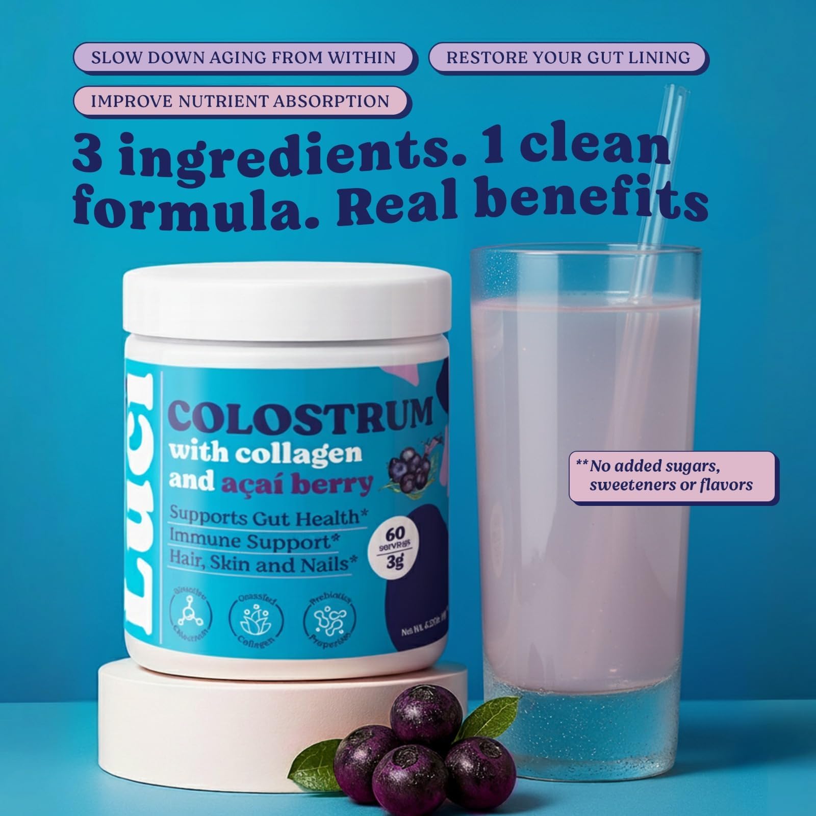 Luci Colostrum Powder 60 Servings, 3 in 1 with Collagen Peptides and Acai, Bovine Colostrum for Gut Health, Bloating, Collagen Protein for Muscle, Skin, Hair, Nails and Immunity, Gluten & Fat Free Luci Nutrition uk supplements