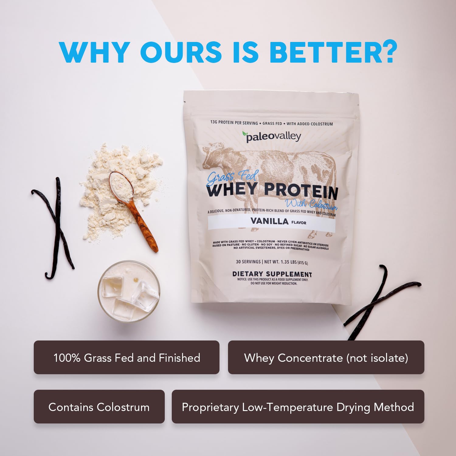 Paleovalley 100% Grassfed Whey Protein Powder with Colostrum, 30 Serving - Vanilla, 13g Protein, Muscle Building, Immune Support, Gut Health Paleovalley uk supplements