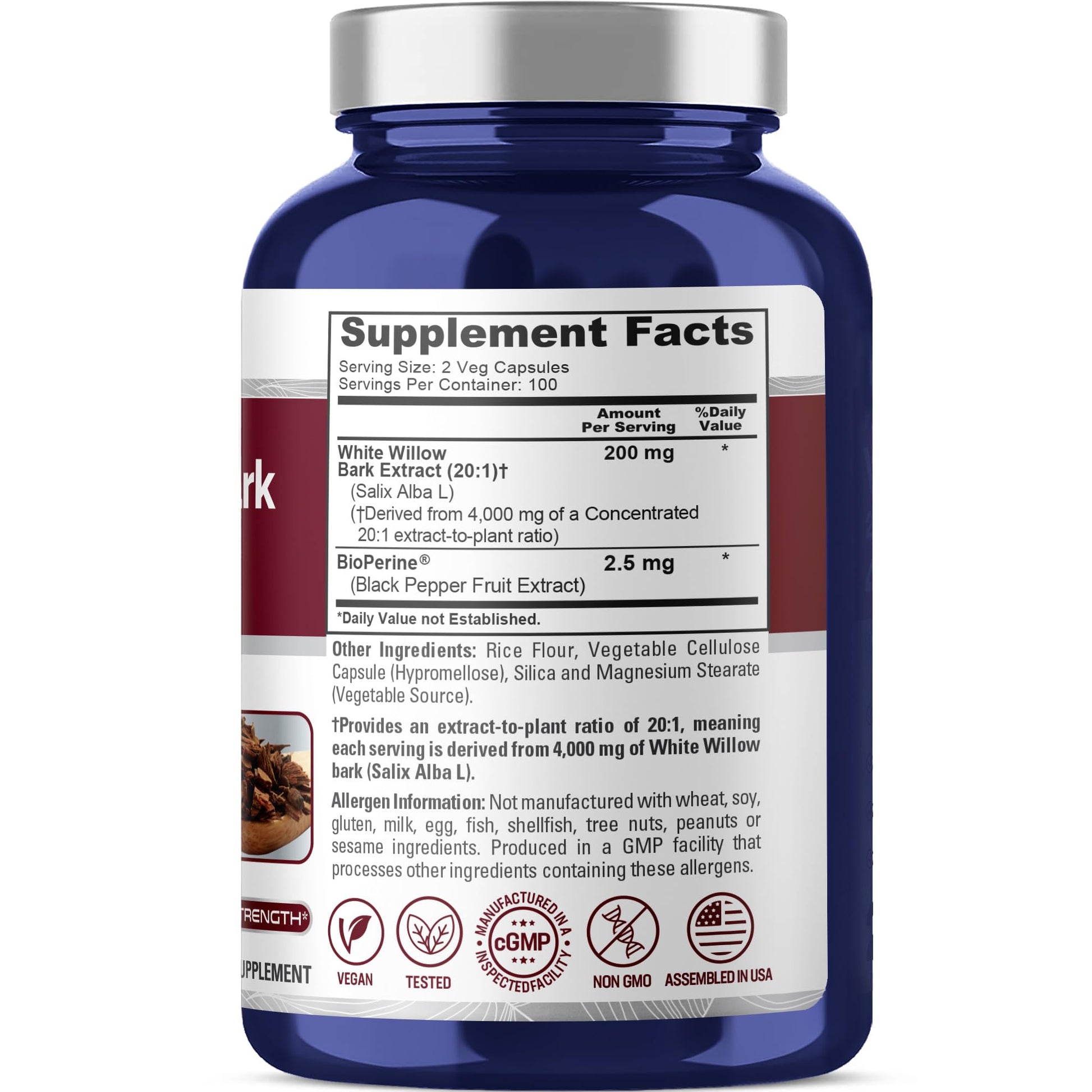 NusaPure White Willow Bark 20:1 Extract, 200 mg Equivalent to 4000mg, 200 Veggie Capsules, Max Strength, (Non-GMO, Vegan) NusaPure uk supplements