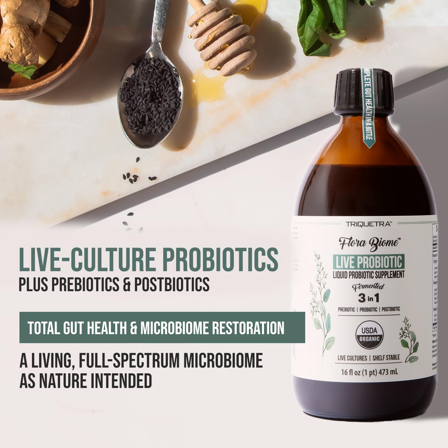 Flora Biome - Live Probiotic, Prebiotic, & Postbiotic – Organic Live-Culture – 10 Probiotic Strains, 18 Fermented Herbs - Complete Gut Health & Microbiome Optimizer (16 oz) Triquetra Health uk supplements