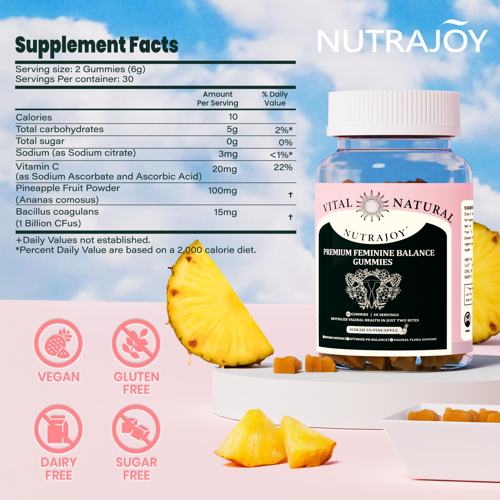 NUTRAJOY Premium Feminine Balance Gummies, for Women's Ph Health, Vaginal Wellness Support, Immune Support, Energy Support, Hawaiian Pineapple, Vegan Gluten-Free, 60 Gummies NUTRAJOY uk supplements