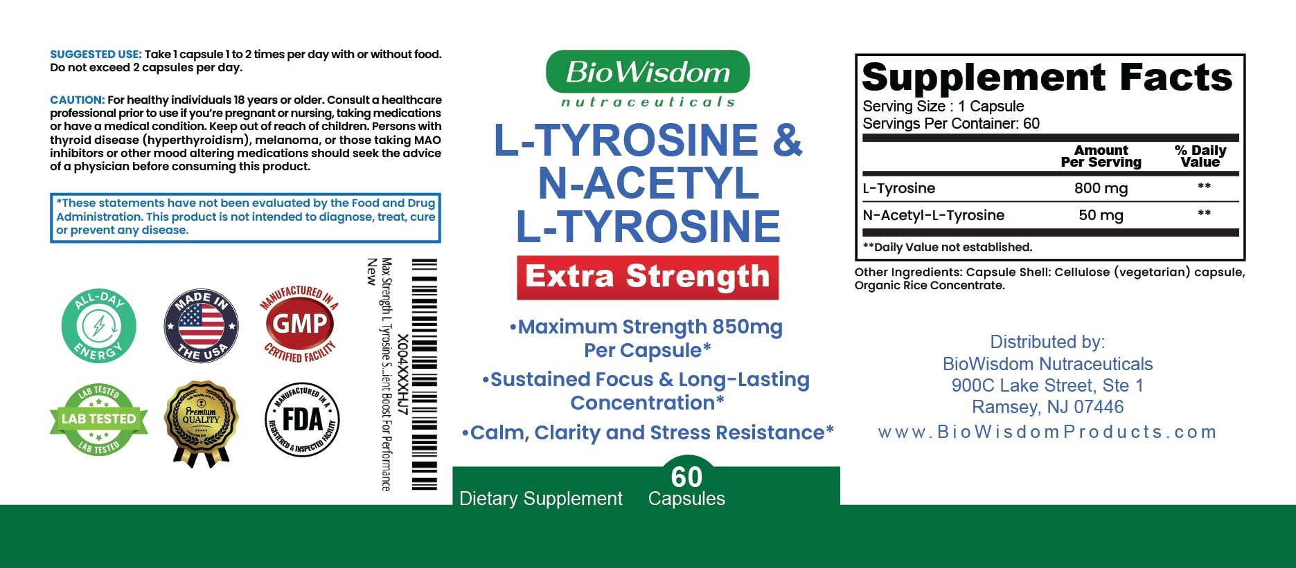 Max Strength L Tyrosine Supplement & N Acetyl L Tyrosine Peak Focus, Alertness, Concentration, Body & Mind Energy. L-Tyrosine 850mg Per 1 Capsule. A Well-Being Nutrient Boost For Performance BioWisdom Nutraceuticals uk supplements