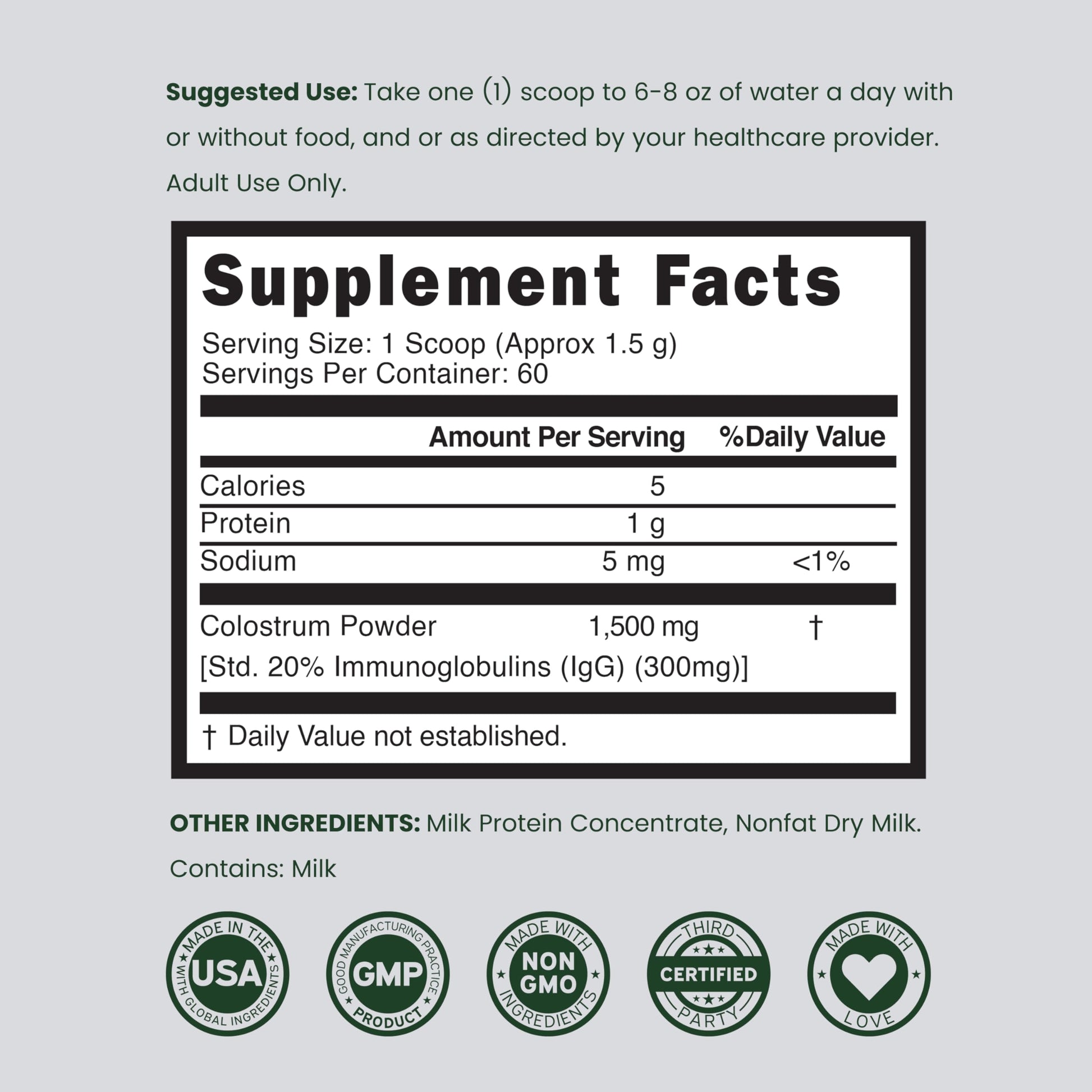 Colostrum Supplement Powder 90g (60 Servings of 1.5g Pure Bovine Colostrum Std. to Contain 20% IgG Immunoglobulins) Grass Fed Powder - No Fillers, Third Party Tested, Unflavored & Non-GMO DORADO NUTRITION uk supplements