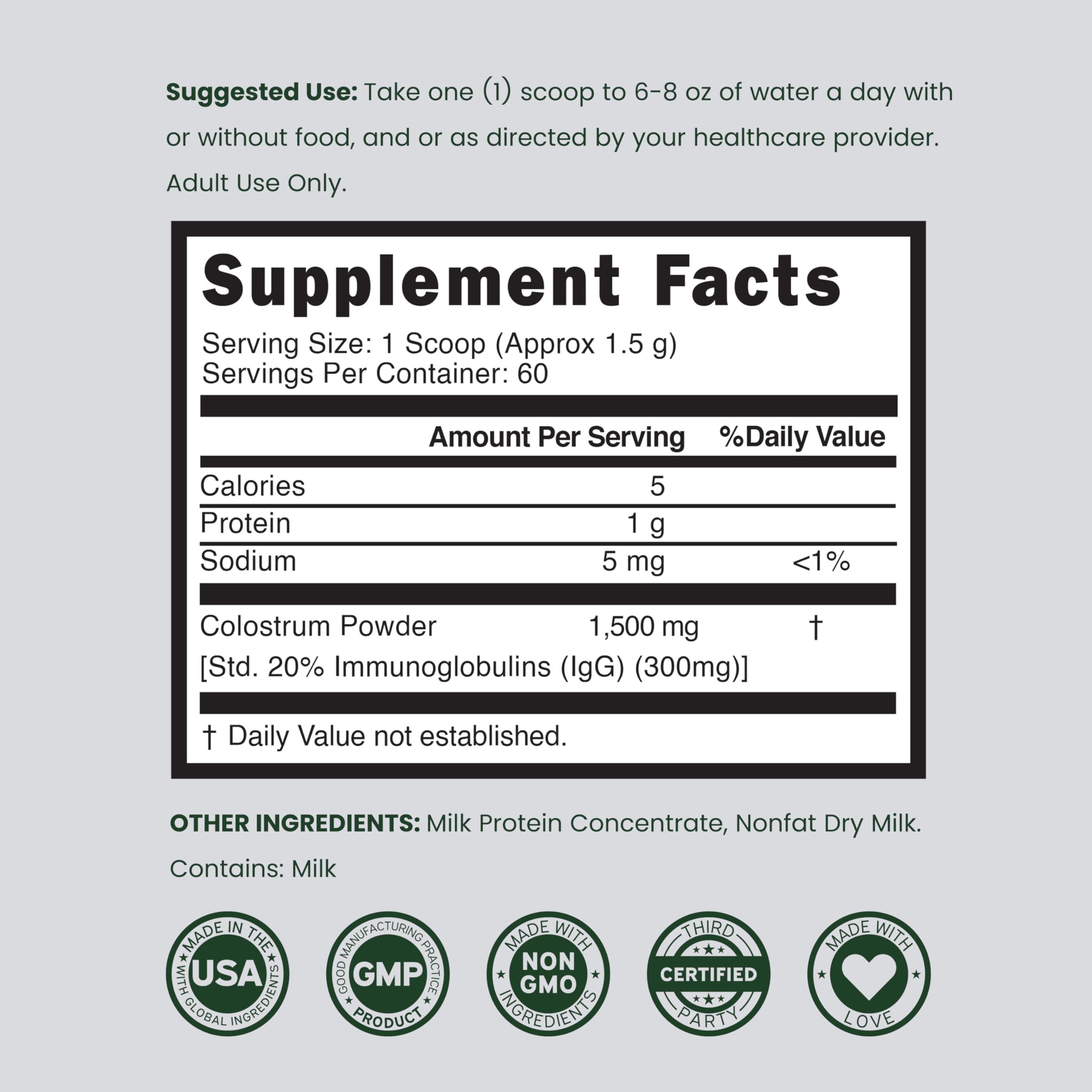 Colostrum Supplement Powder 90g (60 Servings of 1.5g Pure Bovine Colostrum Std. to Contain 20% IgG Immunoglobulins) Grass Fed Powder - No Fillers, Third Party Tested, Unflavored & Non-GMO DORADO NUTRITION uk supplements
