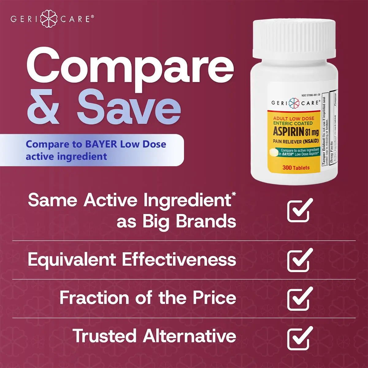 GeriCare Aspirin 81mg Adult Low Dose, Pain Reliever - Enteric Coated Tablets for Enhanced Absorption and Gentle Digestion – Supports Blood Flow, Reduces Inflammation, 300 Count (Pack of 1) GeriCare uk supplements