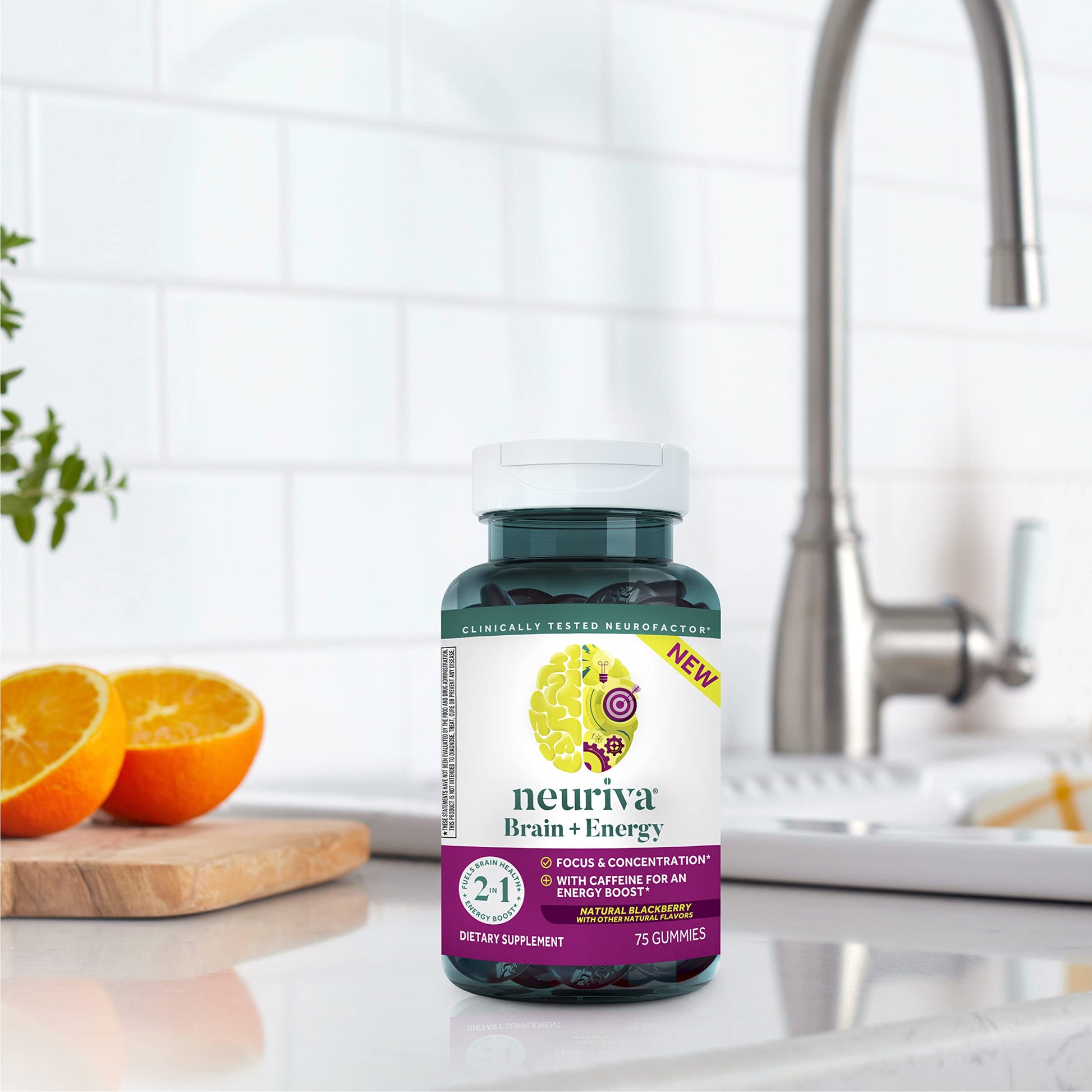 NEURIVA Brain + Energy Gummies, Nootropic Brain Supplements for Focus and Concentration with Neurofactor, Vitamin B12 & Caffeine for an Energy Boost*, 75ct Natural BlackBerry NEURIVA uk supplements