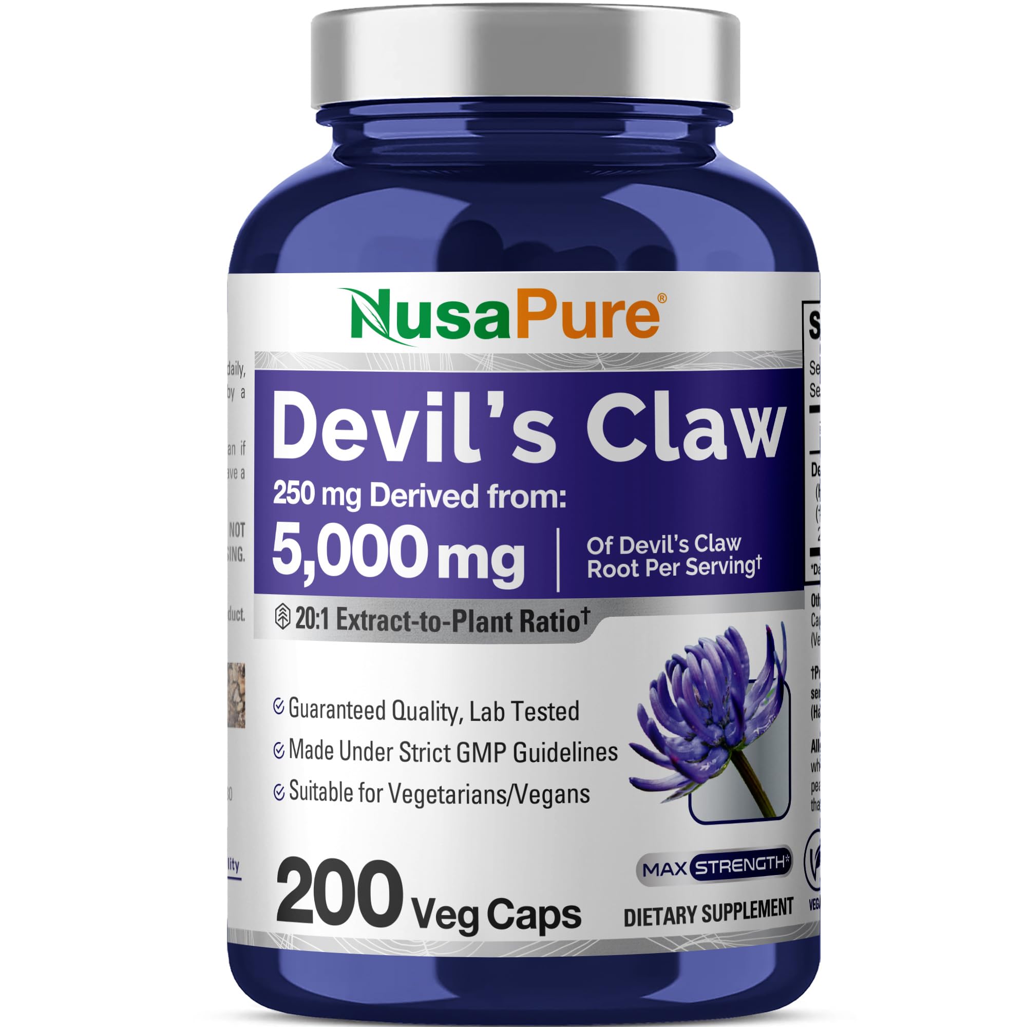 NusaPure Devil's Claw 20:1 Extract, 250 mg Equivalent to 5000mg, 200 Veggie Capsules, Concentrated Root Extract, Devils Claw Herbal Supplement, Non-GMO, Vegan Supplement NusaPure uk supplements