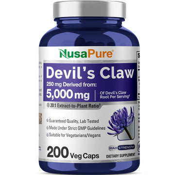 NusaPure Devil's Claw 20:1 Extract, 250 mg Equivalent to 5000mg, 200 Veggie Capsules, Concentrated Root Extract, Devils Claw Herbal Supplement, Non-GMO, Vegan Supplement NusaPure uk supplements
