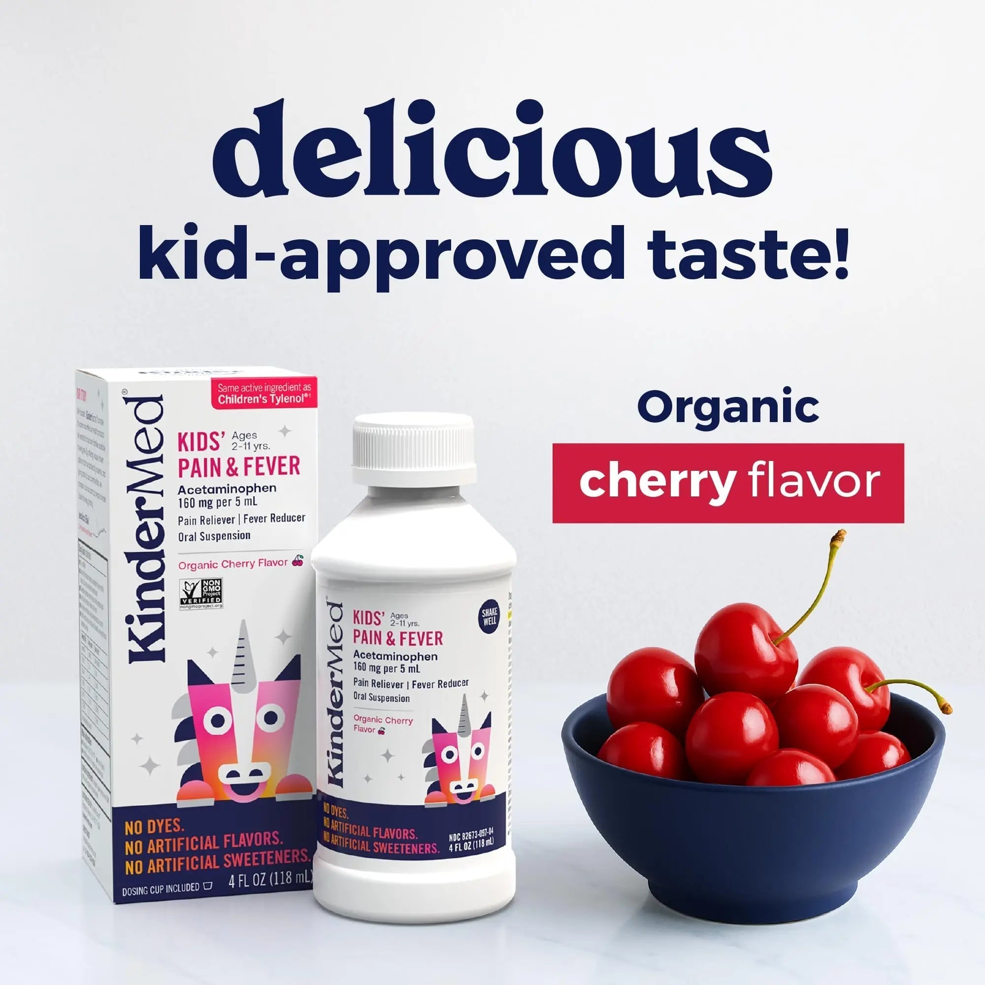 KinderMed Kids' Pain & Fever Medicine, for Ages 2-11 Years, No Dyes, No Artificial Flavors, No Artificial Sweeteners, Vegan, Non-GMO, Gluten Free, Organic Cherry Flavor, Two Pack, 2 x 4 fl. oz KinderMed uk supplements