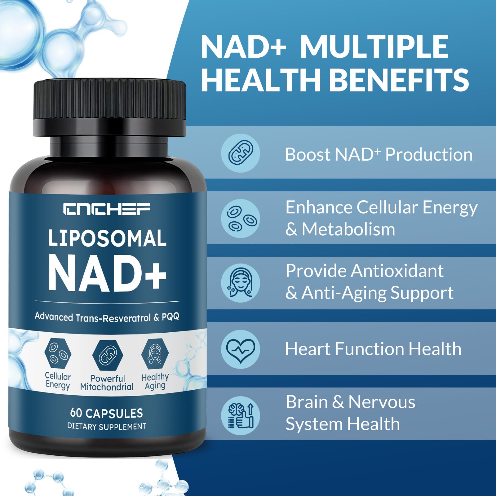 CNCHEF Liposomal NAD Supplement -1000mg, NAD Resveratrol Supplement for Women & Men with Nicotinamide Riboside, Resveratrol, PQQ & TMG, NAD Plus Boosts NAD+ Levels, Anti-Aging & Brain, 60 Capsules CNCHEF uk supplements