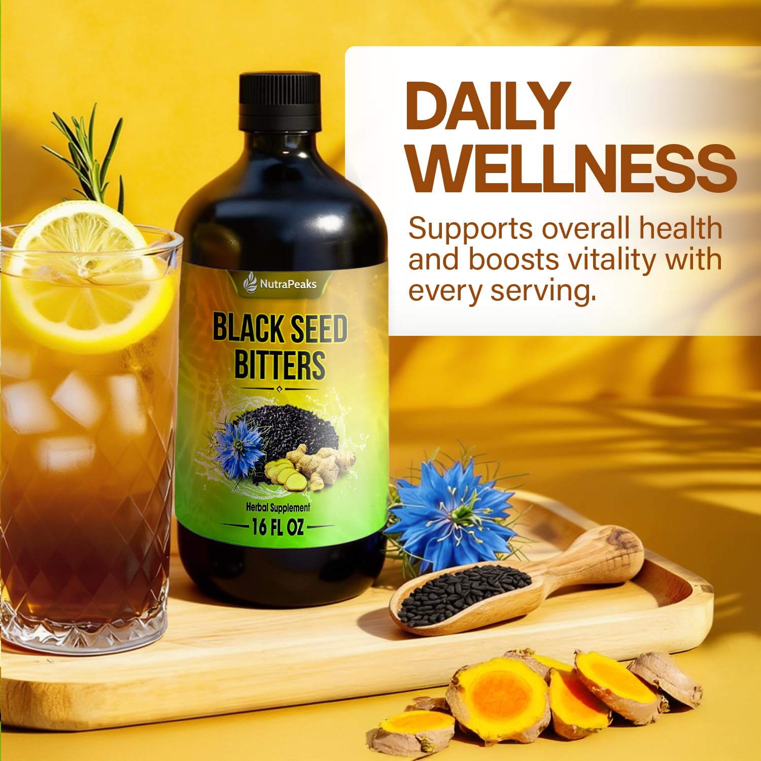 Black Seed Oil Bitters Liquid - Premium Herbal Blend with Black Seed Extract, Curcumin (Turmeric Extract), Ashwagandha, Elderberry, Probiotics, Vitamin C, Zinc...16 fl oz | Natural Botanical Blend NutraPeaks uk supplements