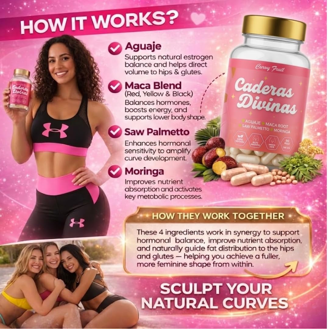 Caderas Divinas : Bigger Booty & Wider Hips – Aguaje + Maca Pills with Moringa & Saw Palmetto – 4 Super Ingredients for Natural Curve Growth – by CurvyFruit – 60 Capsules Curvy Fruit uk supplements