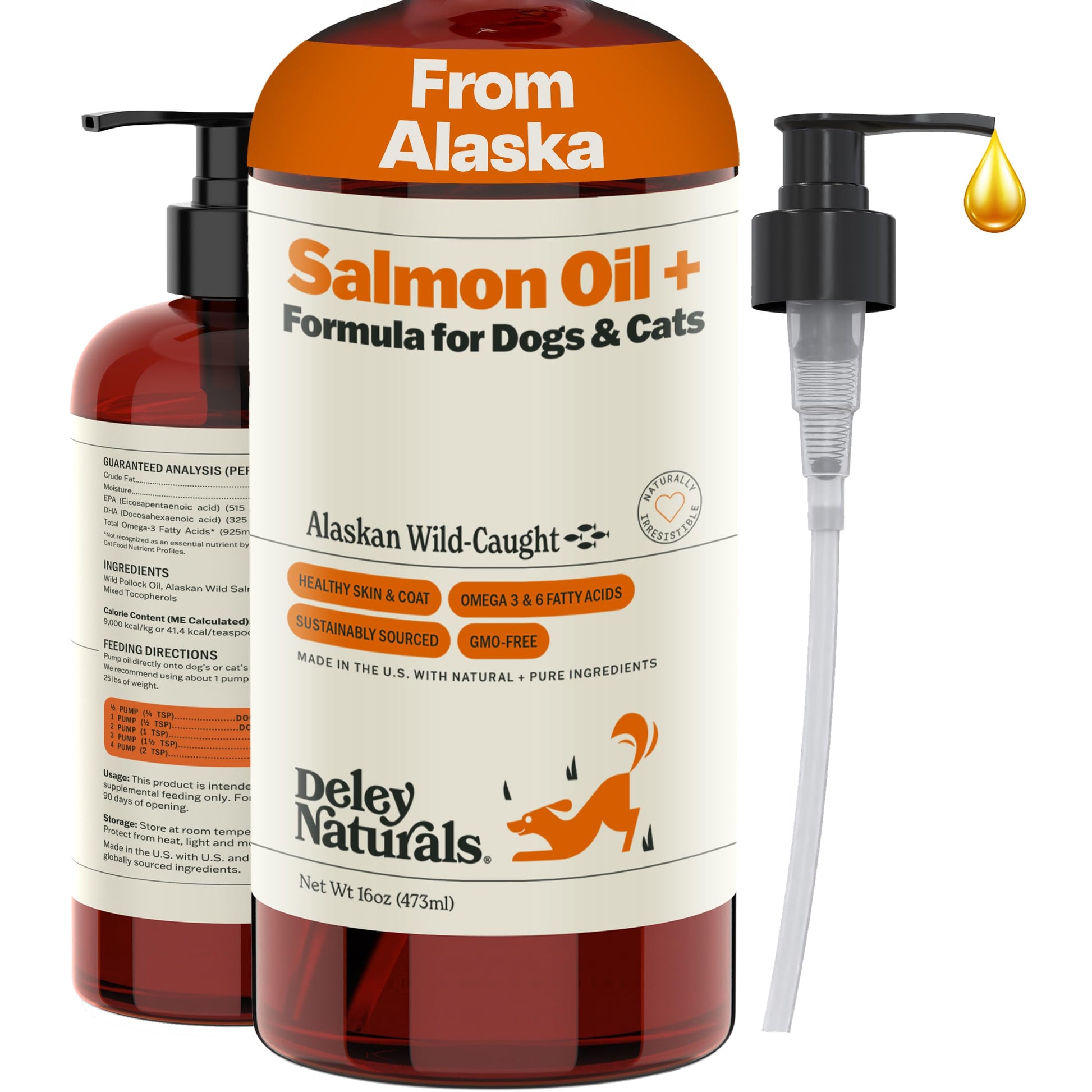 Deley Naturals Wild Alaskan Salmon Oil for Dogs & Cats - New and Improved Salmon Oil Plus Formula - Fish Oil for Dogs with Omega 3, DHA and EPA - Omega 3 for Healthy Skin and Coat - 16oz Made in USA Deley Naturals uk supplements