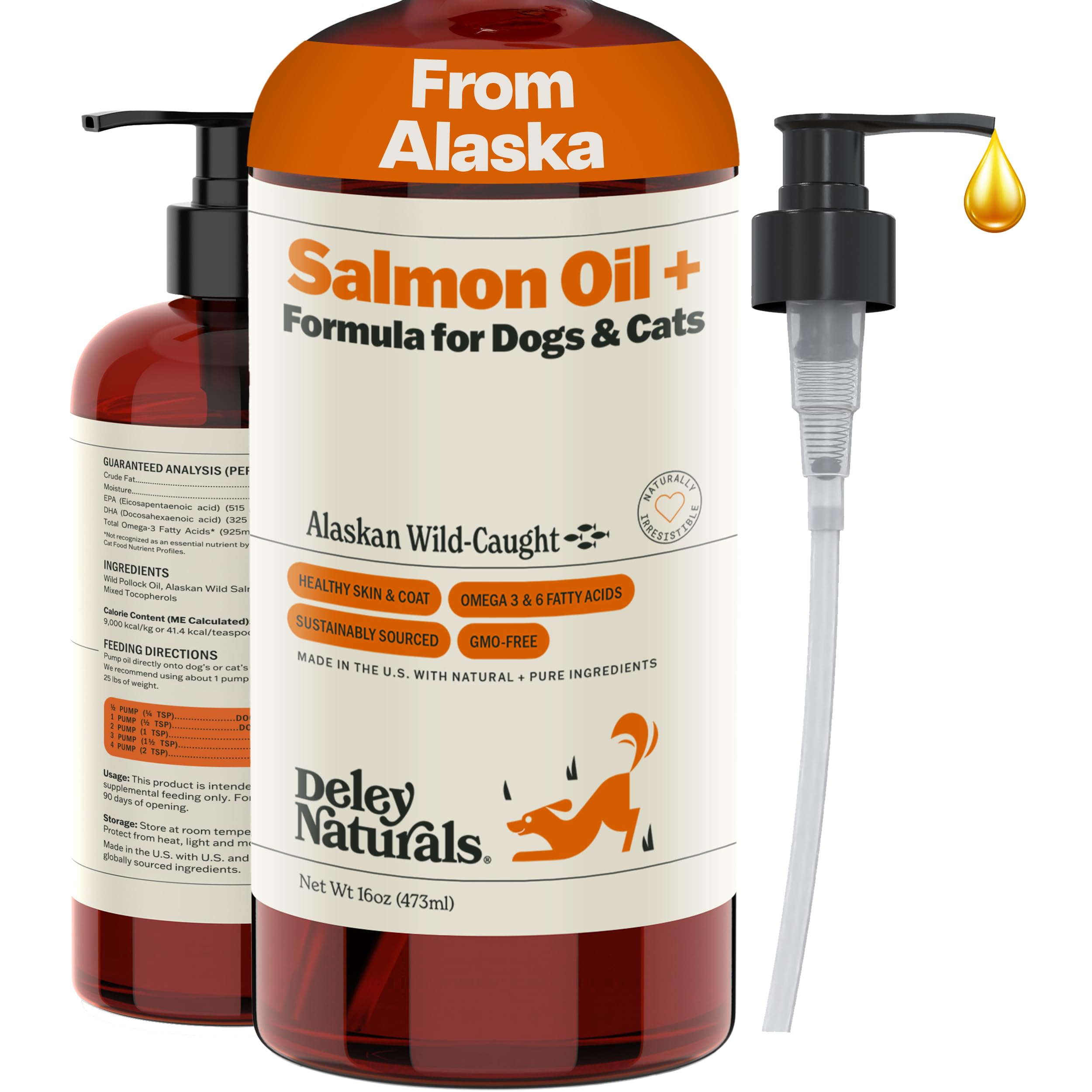Deley Naturals Wild Alaskan Salmon Oil for Dogs & Cats - New and Improved Salmon Oil Plus Formula - Fish Oil for Dogs with Omega 3, DHA and EPA - Omega 3 for Healthy Skin and Coat - 16oz Made in USA Deley Naturals uk supplements