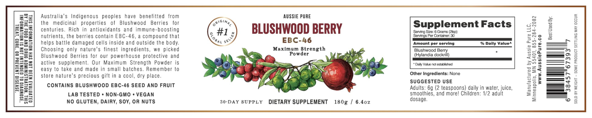 Aussie Pure Blushwood Berry Powder EBC-46 - Maximum Strength Immune and Cell Support - Contains The Fruit and Seed - 180g/6.4oz Per Container Aussie Pure uk supplements