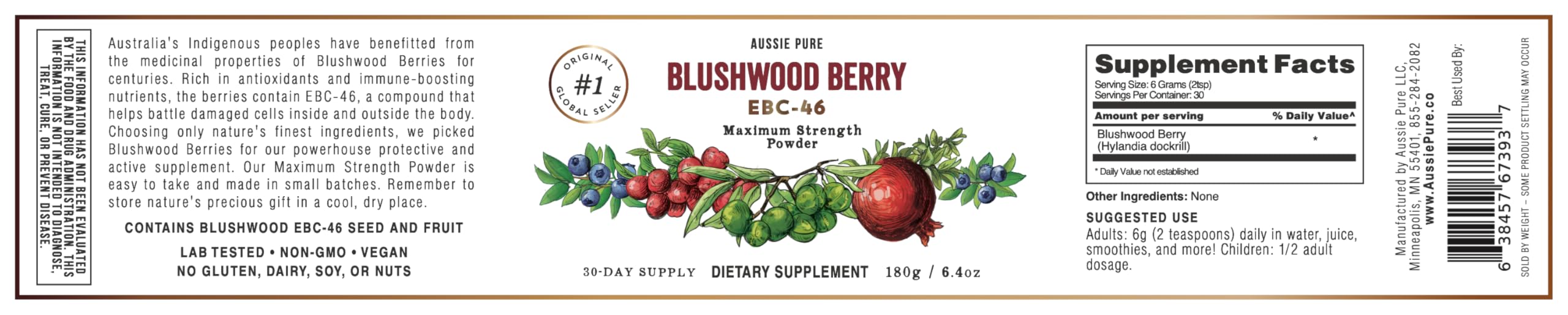 Aussie Pure Blushwood Berry Powder EBC-46 - Maximum Strength Immune and Cell Support - Contains The Fruit and Seed - 180g/6.4oz Per Container Aussie Pure uk supplements