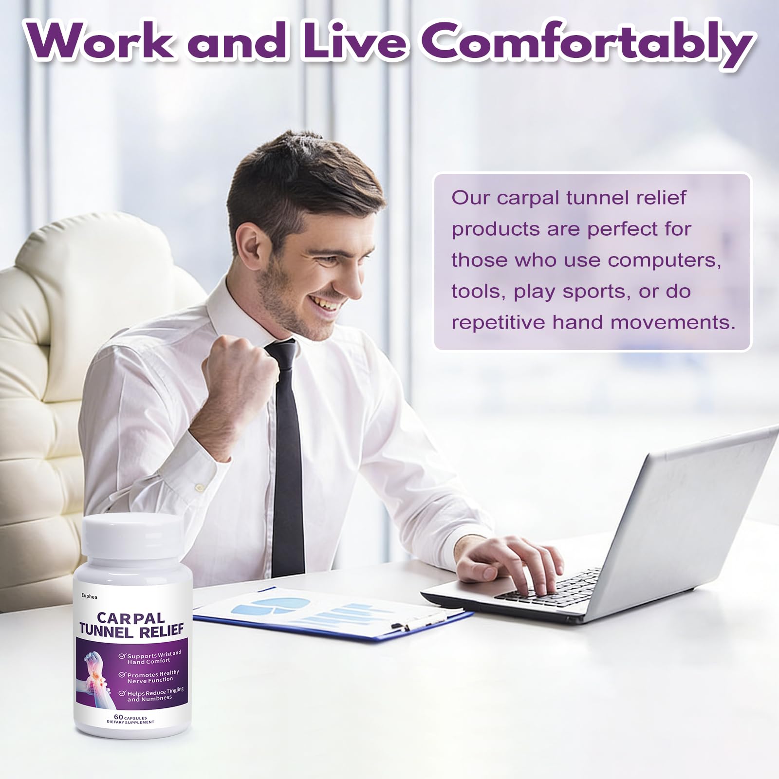 Euphea Carpal Tunnel Relief & Wrist Support Supplement, Helps Ease Tingling & Numbness,Vitamins B6, B12, C, D, K + GABA,60 Capsules Euphea uk supplements