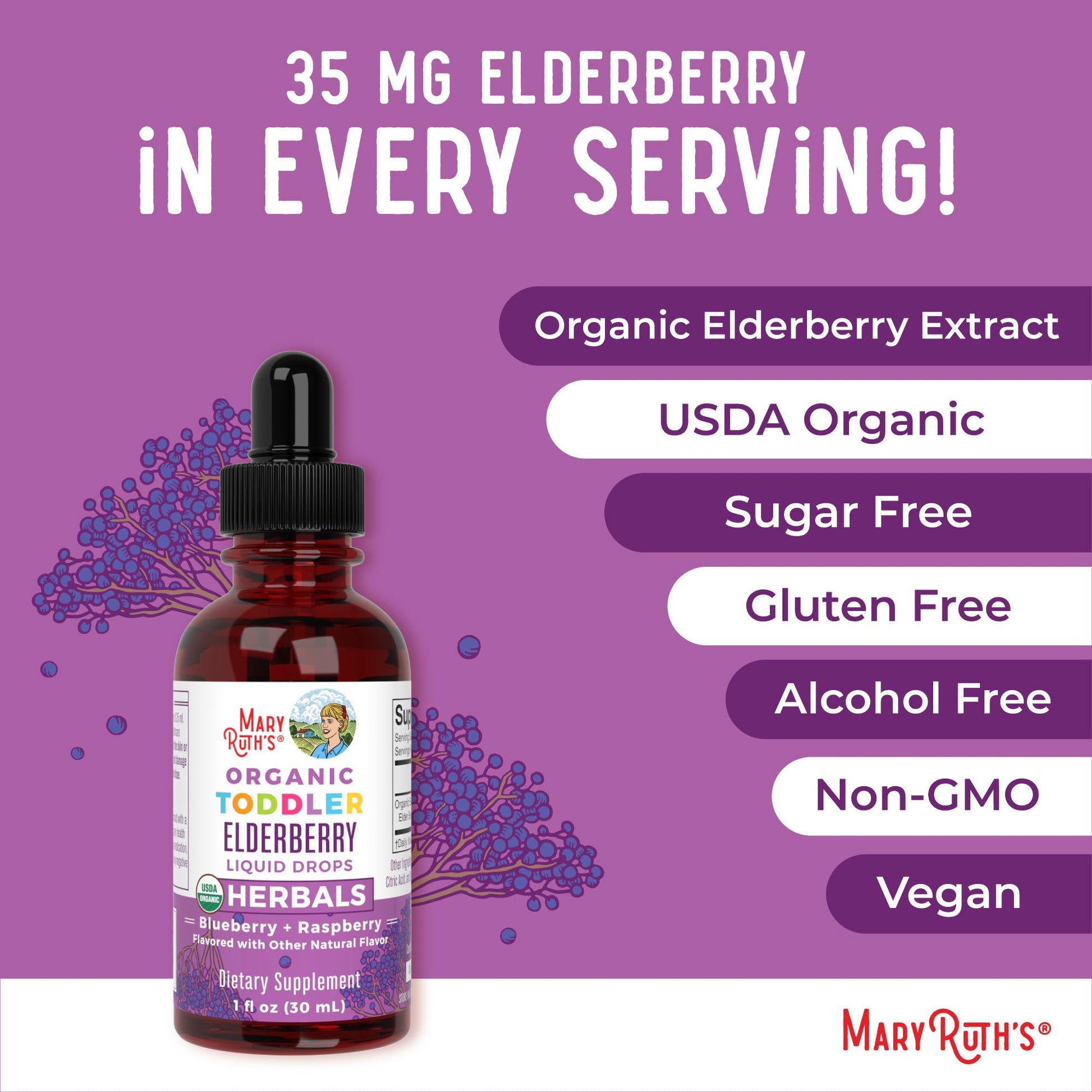 MaryRuth Organics Toddler Elderberry Syrup, USDA Organic Elderberry, Sugar Free Kids Immune Support Supplement for Ages 1-3 Years, Clean Label Project Verified®, Vegan, Non-GMO, Gluten Free, 1 Fl Oz MARYRUTH'S uk supplements