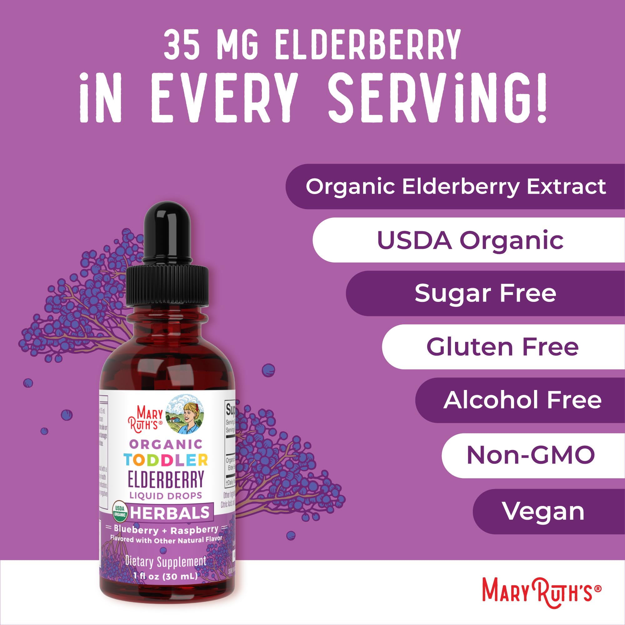 MaryRuth Organics Toddler Elderberry Syrup, USDA Organic Elderberry, Sugar Free Kids Immune Support Supplement for Ages 1-3 Years, Clean Label Project Verified®, Vegan, Non-GMO, Gluten Free, 1 Fl Oz MARYRUTH'S uk supplements