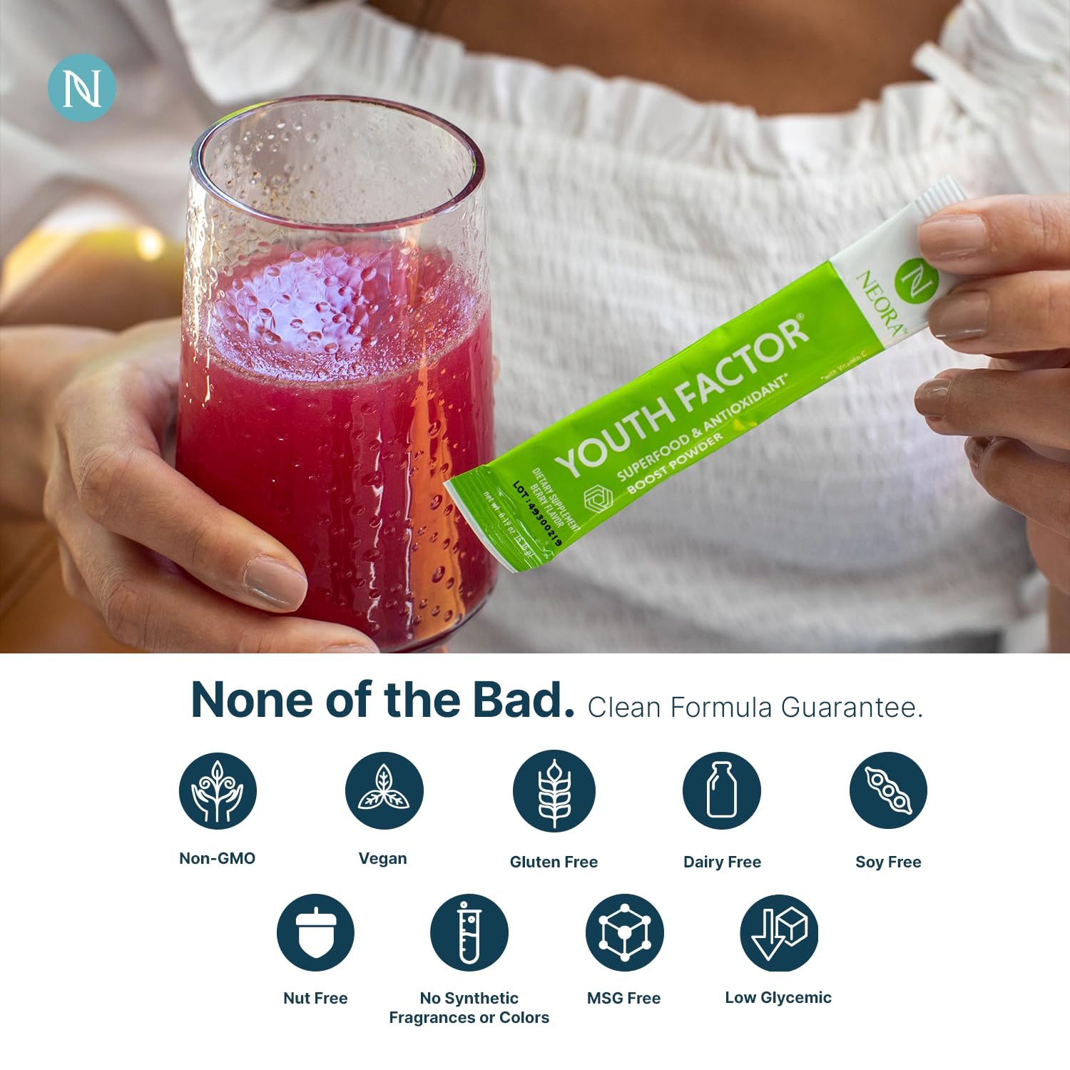 NEORA Youth Factor - Superfood Boost Powder - pH Balance, Hair Skin Nails Support, Fruits & Veggies Equivalent, Nutrient Absorption - 30 Packets NEORA uk supplements