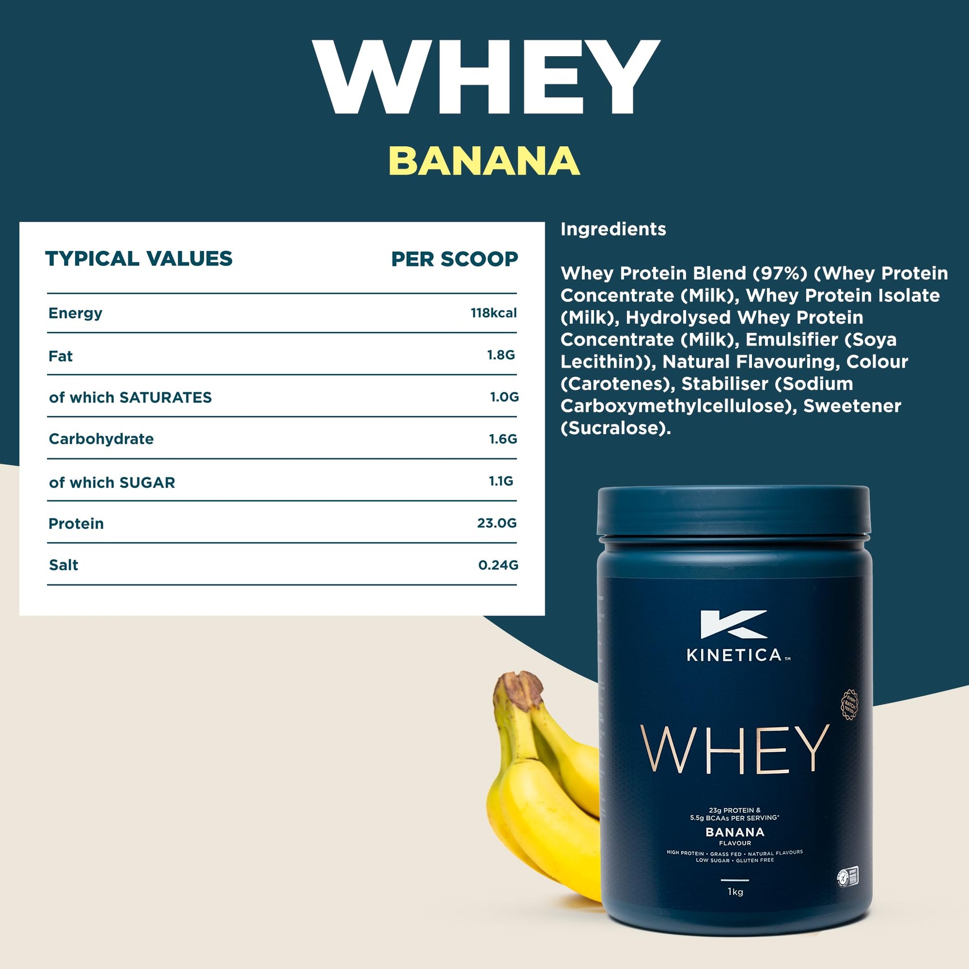 Kinetica Banana Whey Protein Powder | 2.27kg | 23g Protein per Serving | 76 Servings Kinetica uk supplements