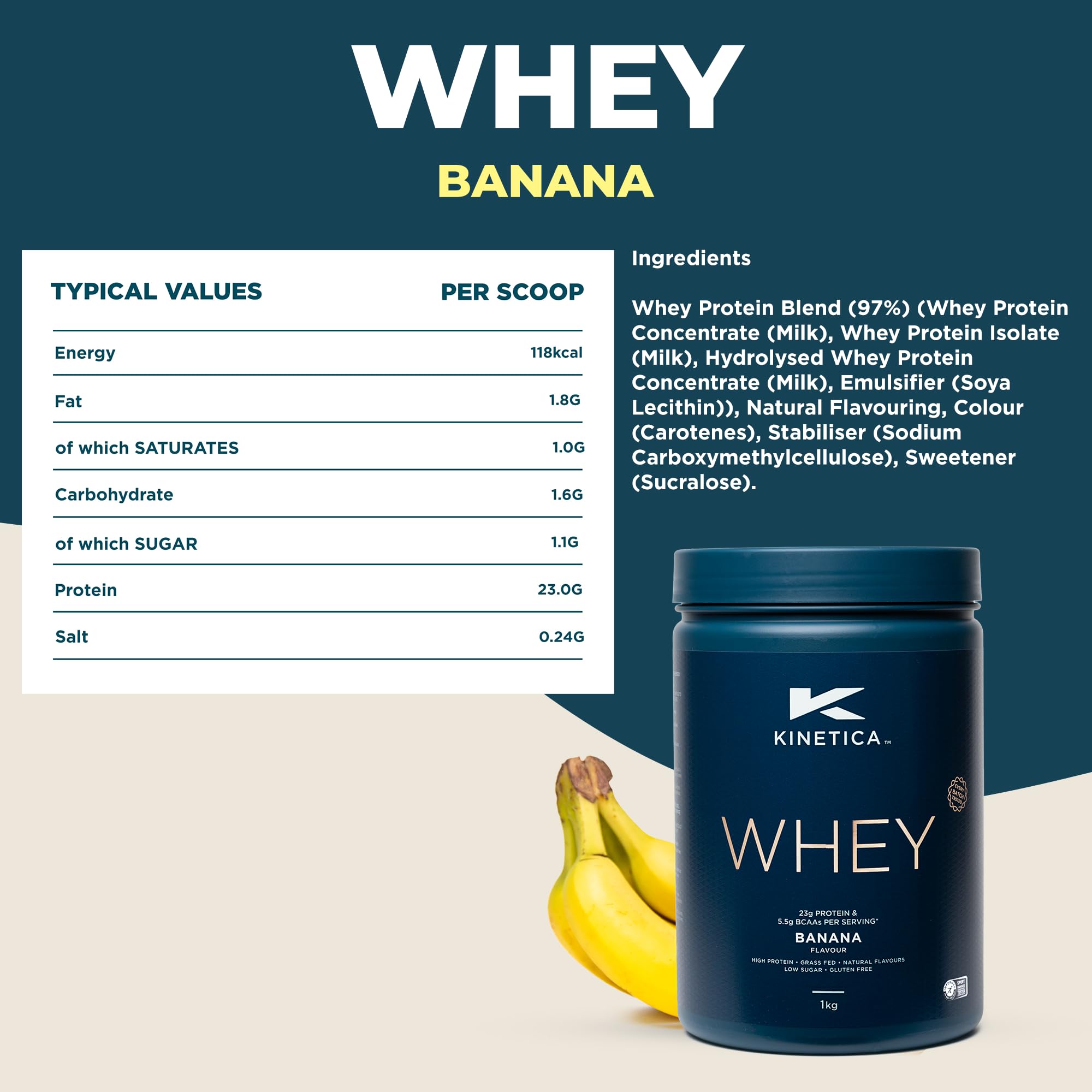 Kinetica Banana Whey Protein Powder | 2.27kg | 23g Protein per Serving | 76 Servings Kinetica uk supplements