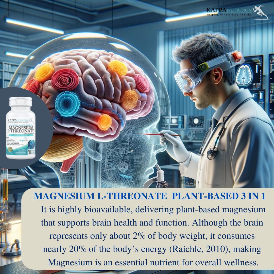 Kappa Nutrition Powered by Magbrain™ Magnesium L-Threonate Plant-Based, 420mg Elemental Magnesium (3 Capsules) from 2,253mg, 120 Vegan Capsules, Brain, Sleep & Muscle Support. KAPPA NUTRITION uk supplements