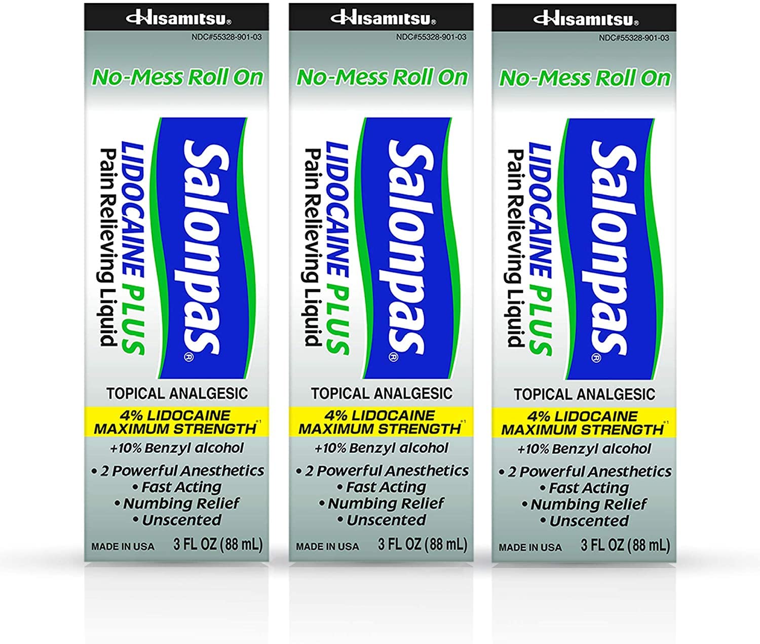 Salonpas LIDOCAINE Plus 3 oz ROLL ON Pain Relieving Liquid! Maximum Strength 4% Lidocaine for Numbing Pain Relief! Mess Free Application! (3 Pack) Salonpas uk supplements