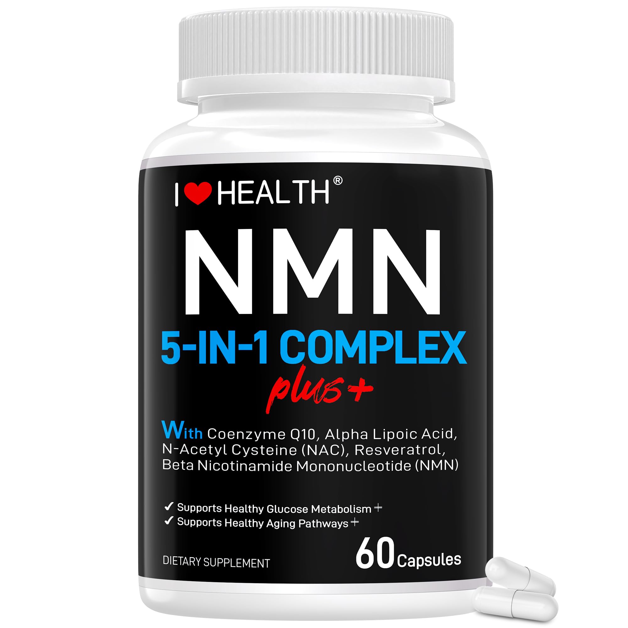I LOVE HEALTH NMN Complex Plus+ for Women & Men with NAC, Alpha Lipoic Acid, CoQ10 & Resveratrol – 5-in-1 Cellular Energy & Healthy Aging Support – 60 Capsules, Non-GMO, Made in USA I LOVE HEALTH uk supplements