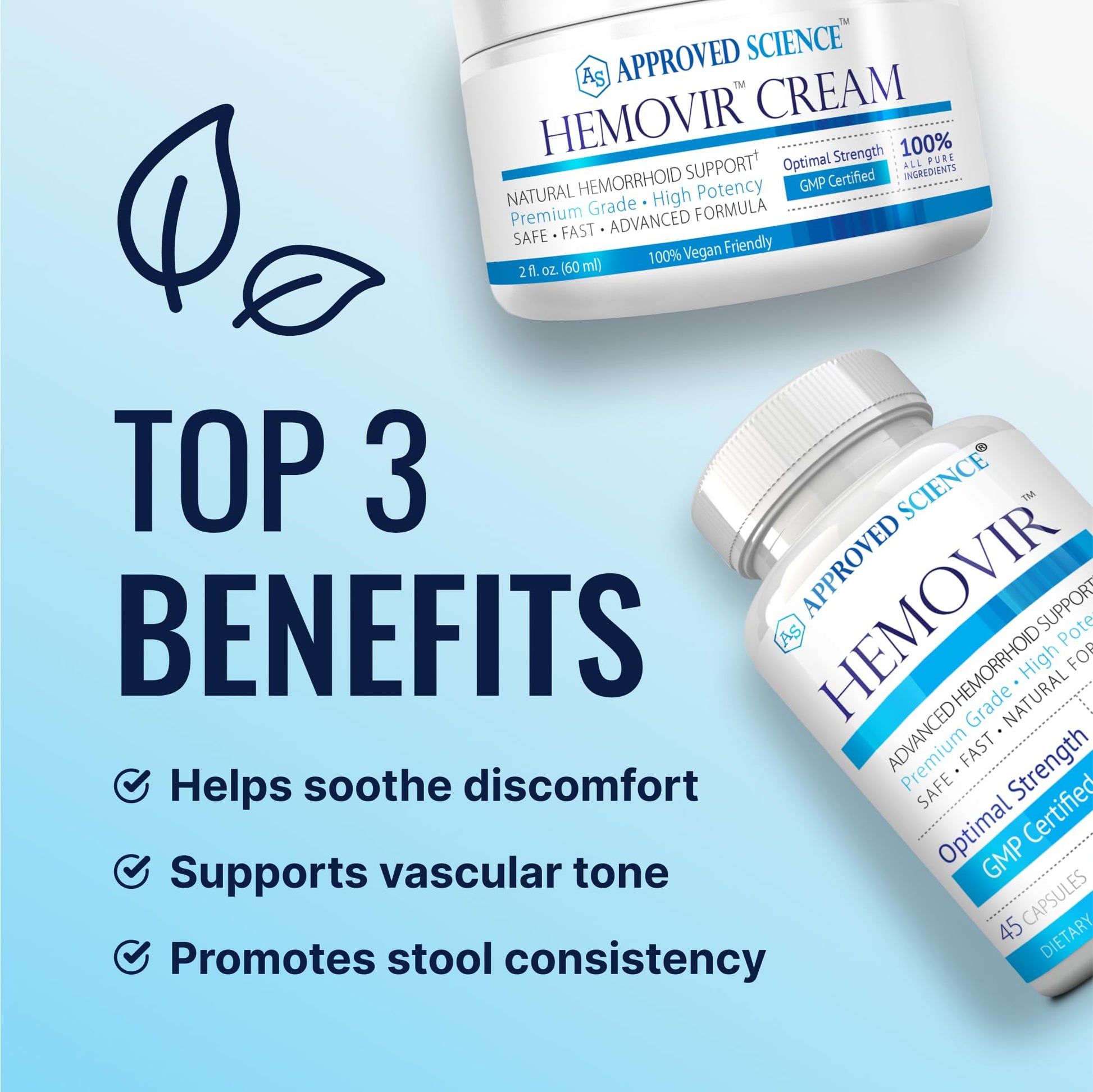 Approved Science Hemovir - Hemorrhoid Capsules and Cream - Dual-Action Stops Itching and Optimizes Blood Flow - Internal and External Care - 45 Capsules + 2 Fl Oz - Vegan - Non GMO - Made in The USA Approved Science uk supplements