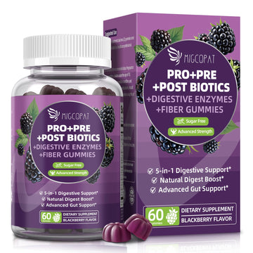 Migcopat Pre Post Probiotics Gummies, 5 in 1 Probiotic Prebiotic Postbiotic Digestive Enzymes with Fiber, 120 Billion CFU Probiotics Complete Gut Support, Sugar Free, Vegan, BlackBerry Flavor, 60 Cts Migcopat uk supplements