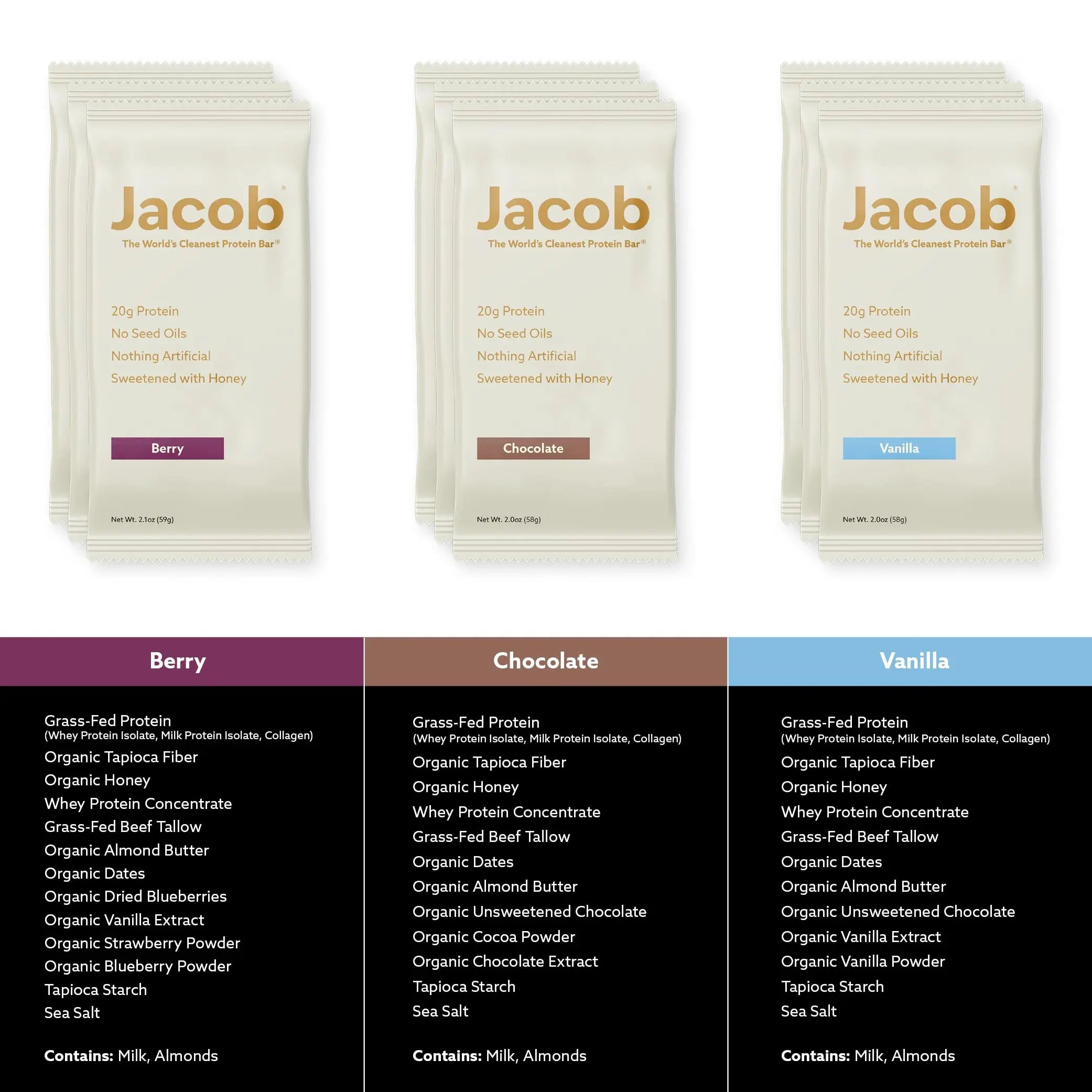 Jacob Bar, Protein Bars, Variety Pack (9 Bars Total) Contains 3 of Each; Chocolate, Vanilla, Berry - 20g Grass-Fed Protein, No Seed Oils, Nothing Artificial Jacob uk supplements