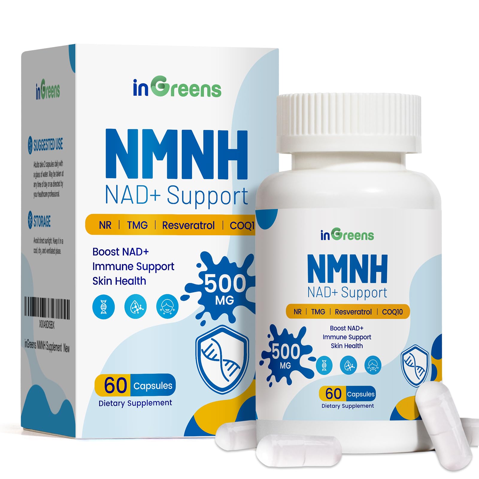 500mg NMNH, NMN Supplement Alternative with NR, TMG, Resveratrol, COQ10, NAD Supplement, Anti Aging, Energy, Boost NAD+ Levels, 60 Capsules inGreens uk supplements