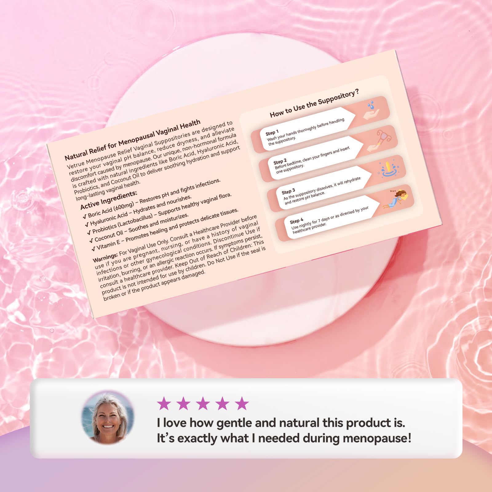 Vetrue Menopause Relief Vaginal Suppositories, Non-Hormonal, All-Natural Formula with Boric Acid, Hyaluronic Acid, Probiotics, Coconut Oil & Vitamin E, Soothes Vaginal Dryness & Discomfort(12 Inserts) vetrue uk supplements